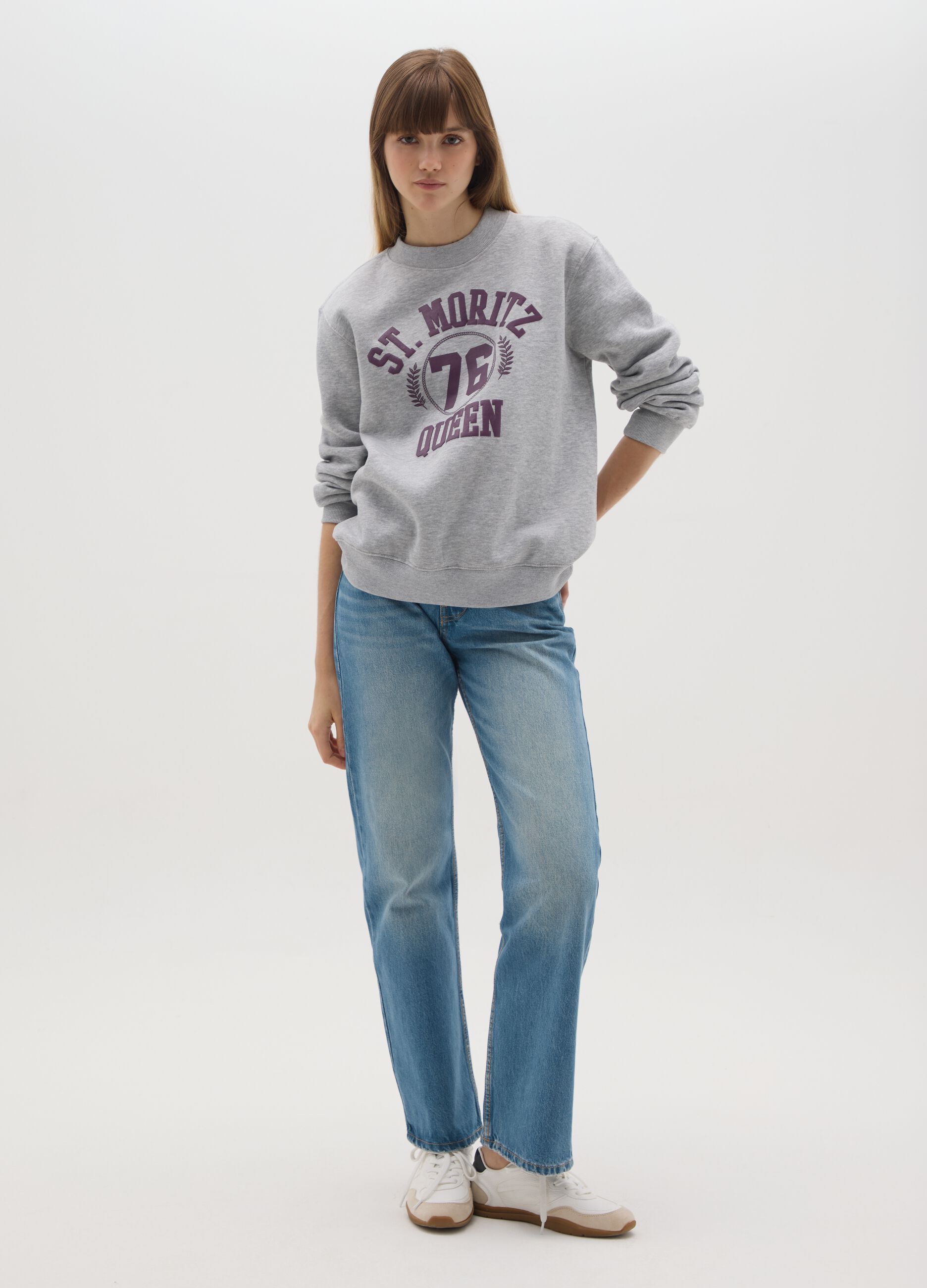 Grey cotton blend sweatshirt with regular fit and crew neck