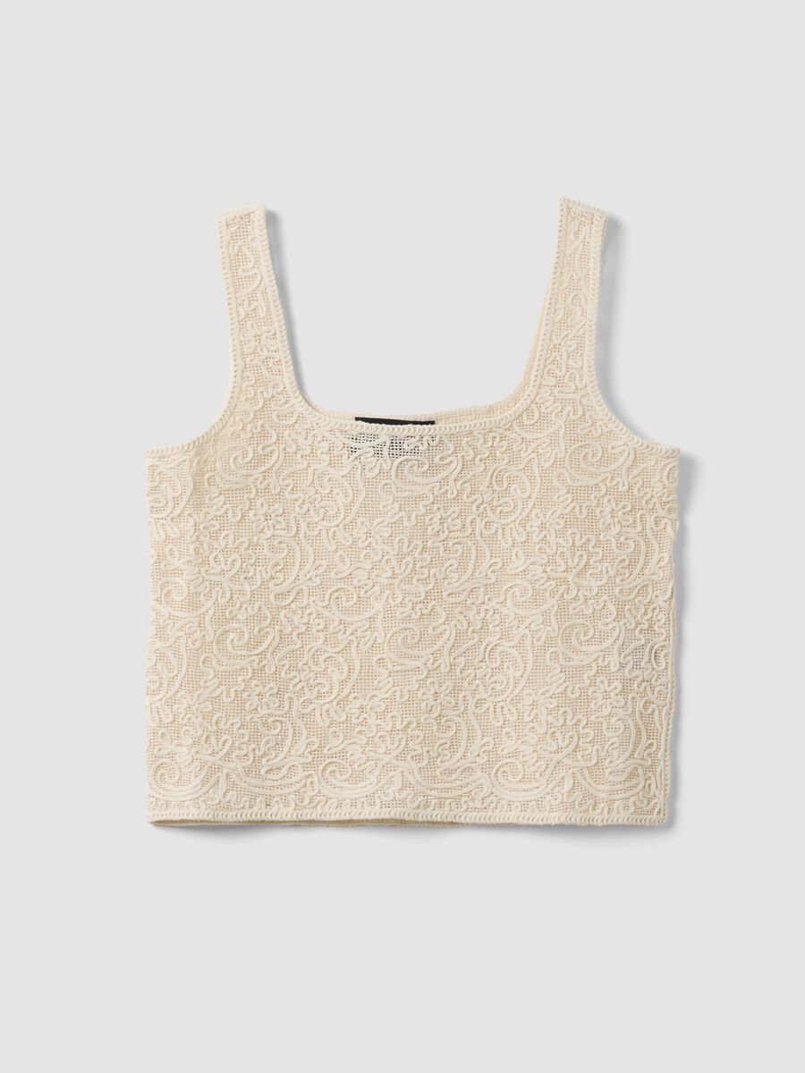 Beige cotton-blend regular-fit tank top with embroidery and mesh_4