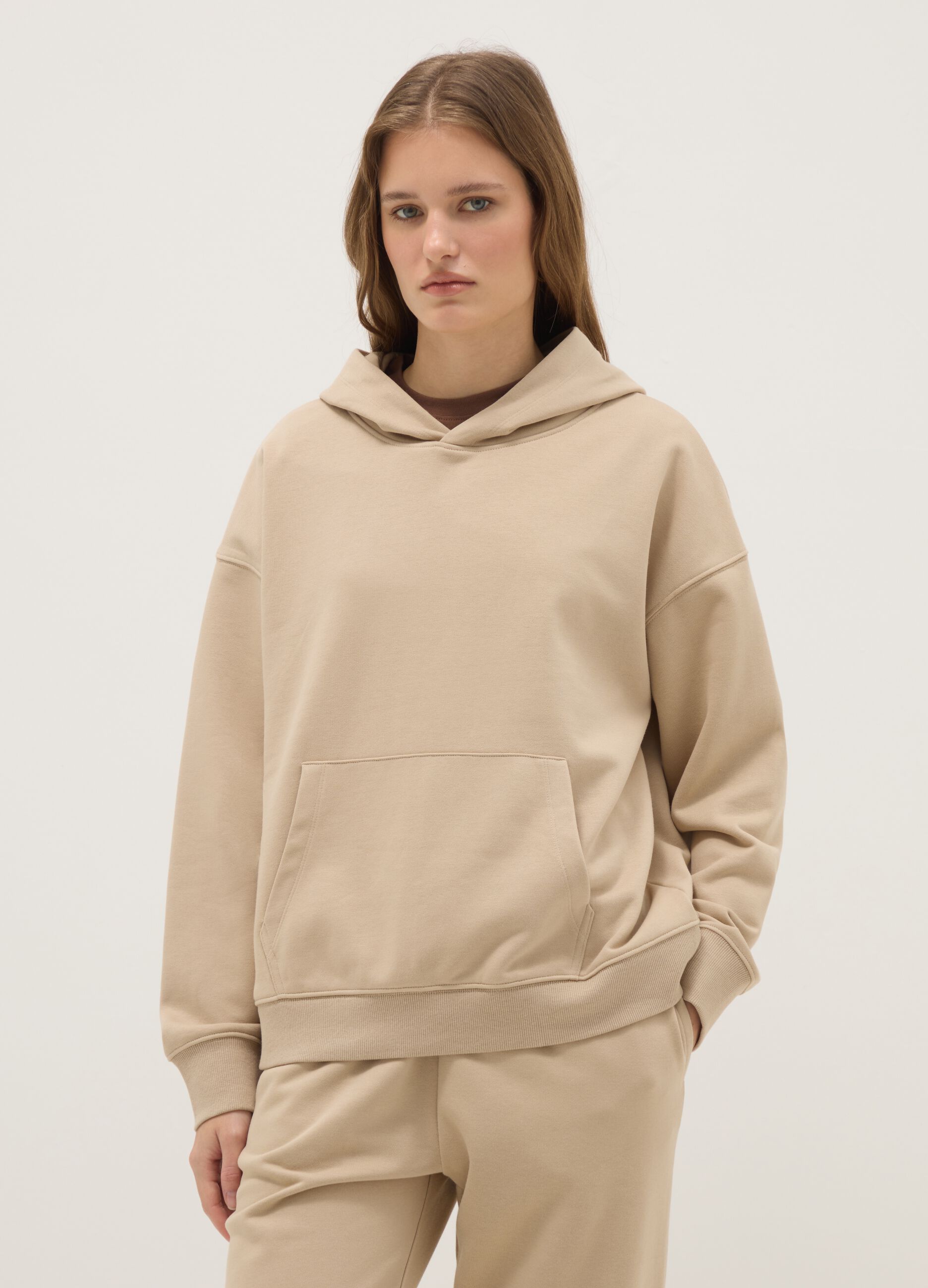 Beige regular fit cotton-blend hoodie