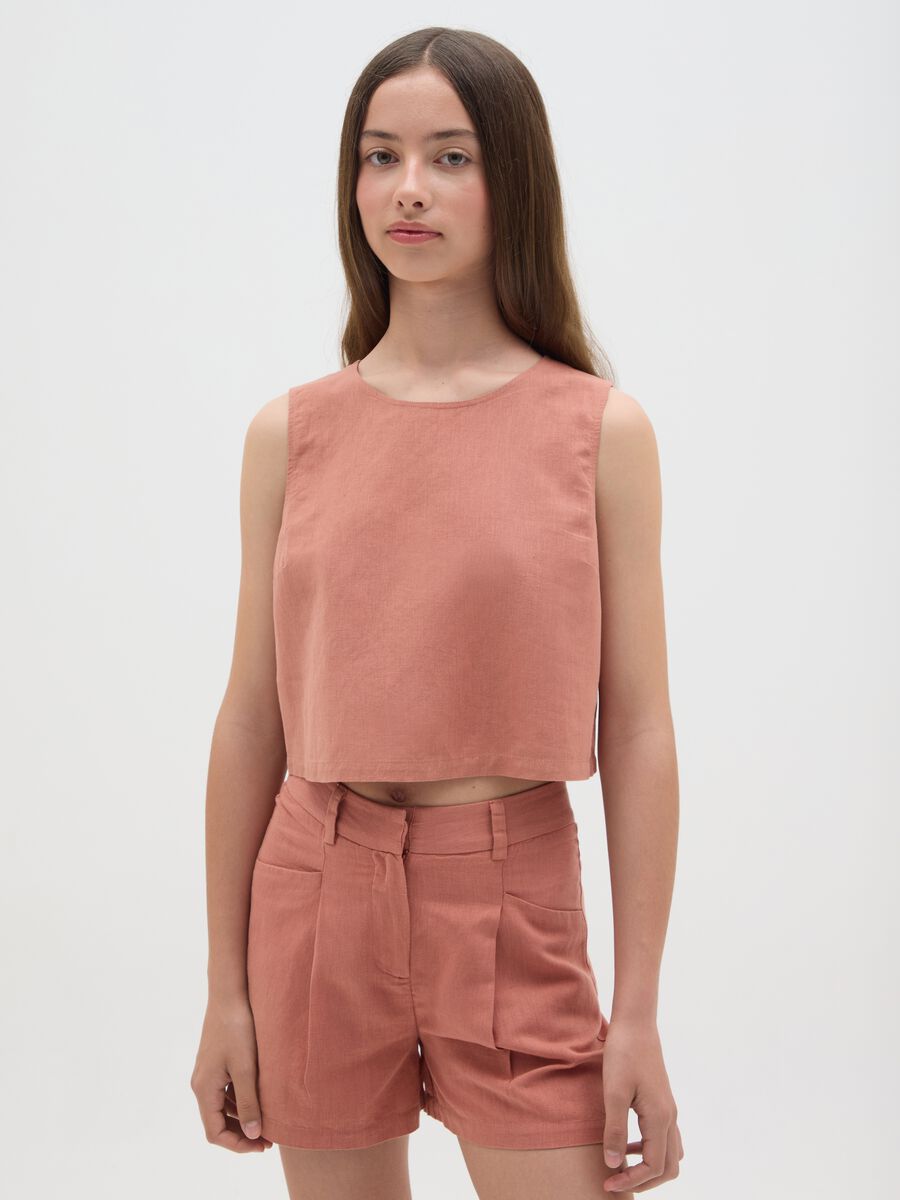 Top da ragazza in misto cotone e lino rosa regular fit_0