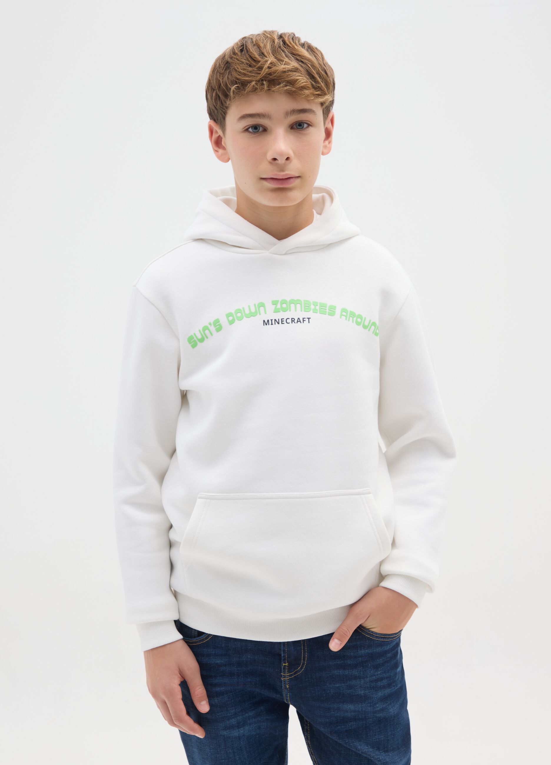 White kids' cotton blend sweatshirt regular fit with Minecraft print