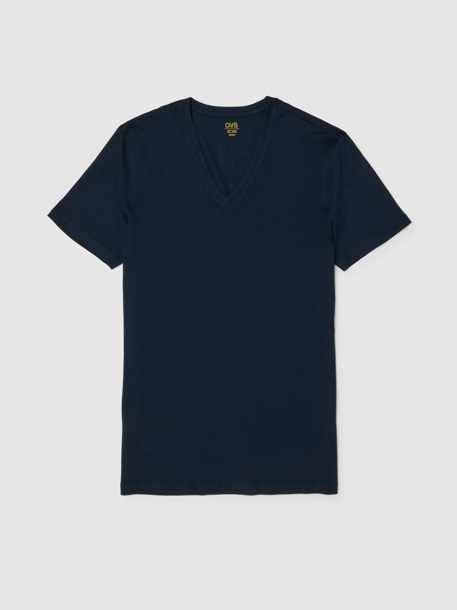 Blue pure cotton t-shirt regular fit with V-neck_4