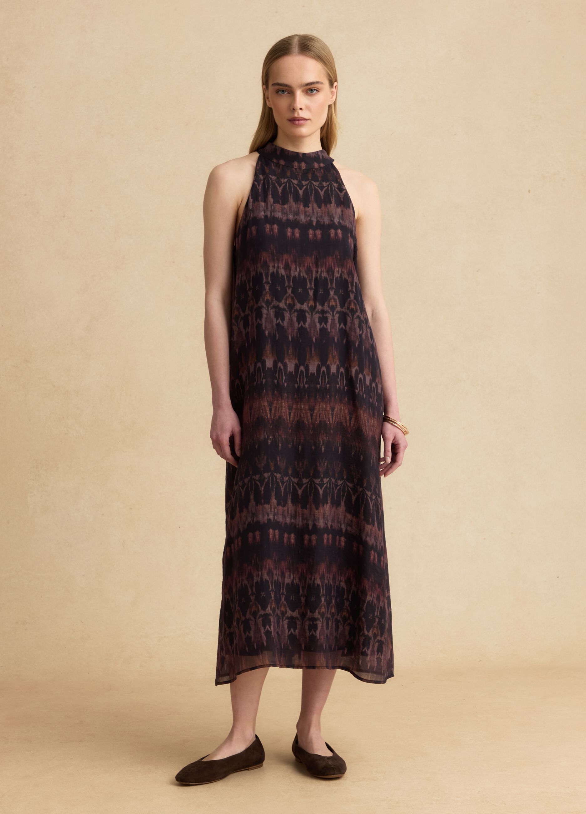 Abito maxi nero e marrone in misto lyocell regular fit con fantasia