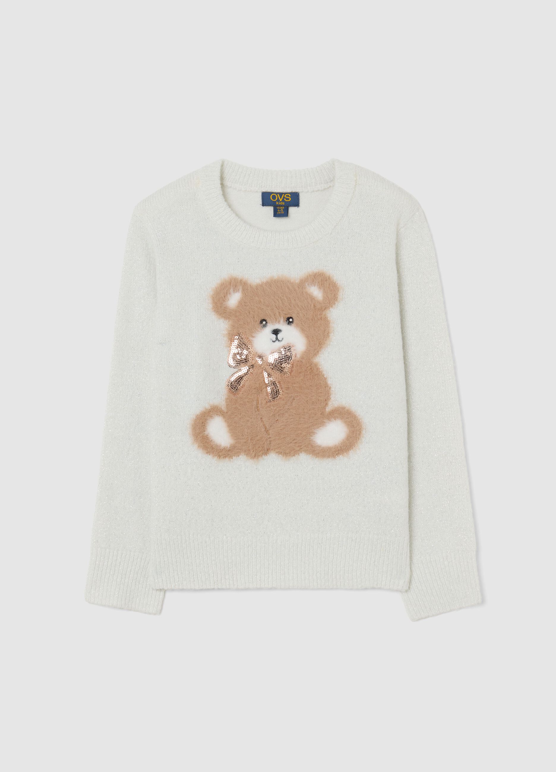Girls' white regular fit jumper with bear motif and sequins