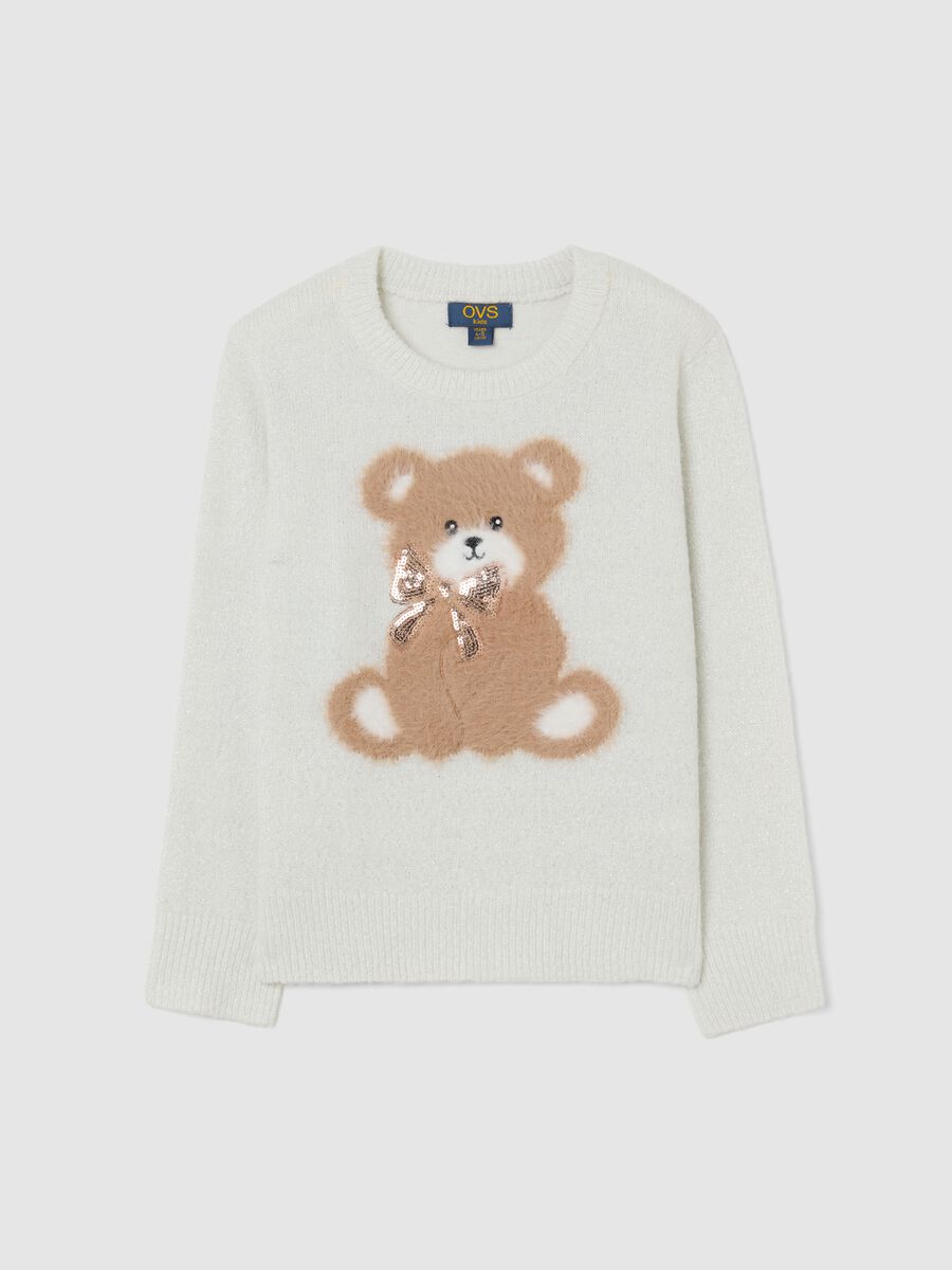 Girls' white regular fit jumper with bear motif and sequins_0