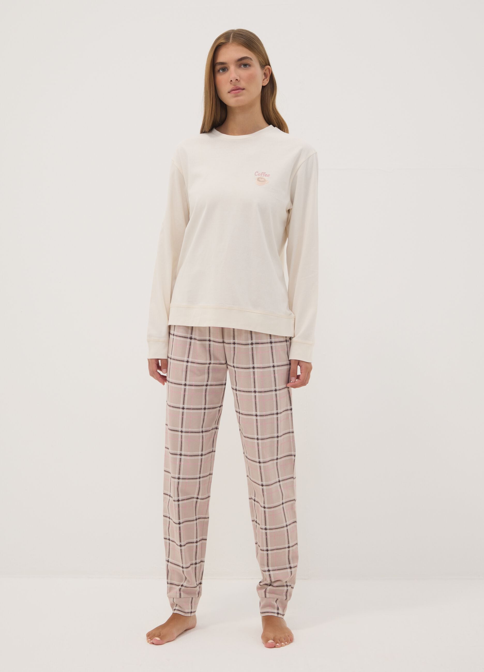 Beige pure organic cotton crew-neck pyjamas