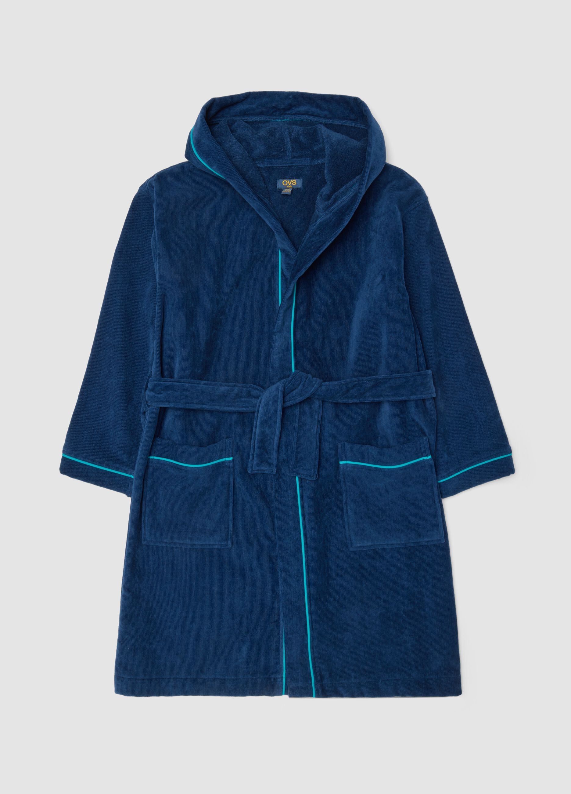 Blue organic cotton hooded bathrobe for boys