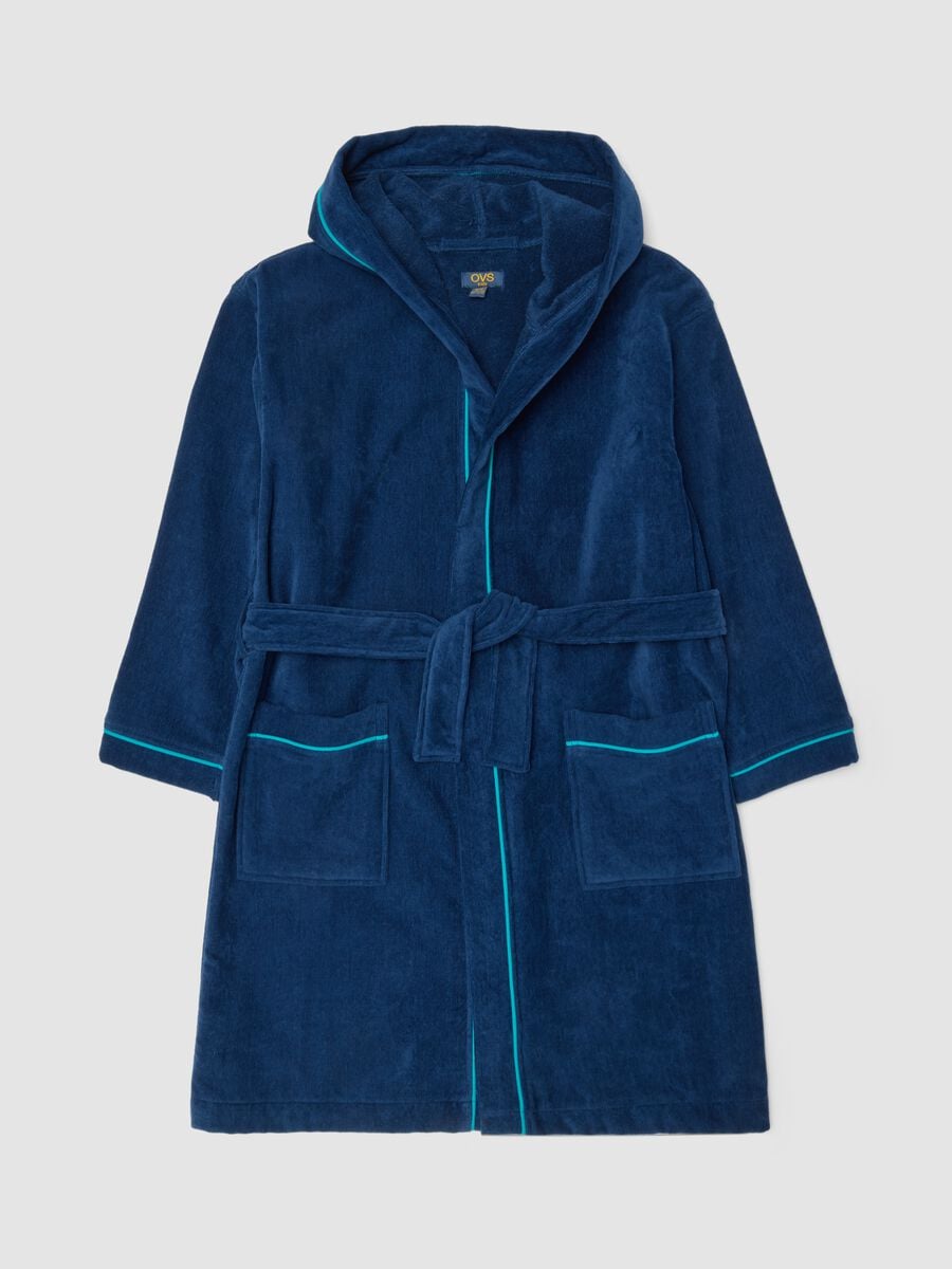 Accappatoio blu in puro cotone organico con cappuccio per bambino e ragazzo_0