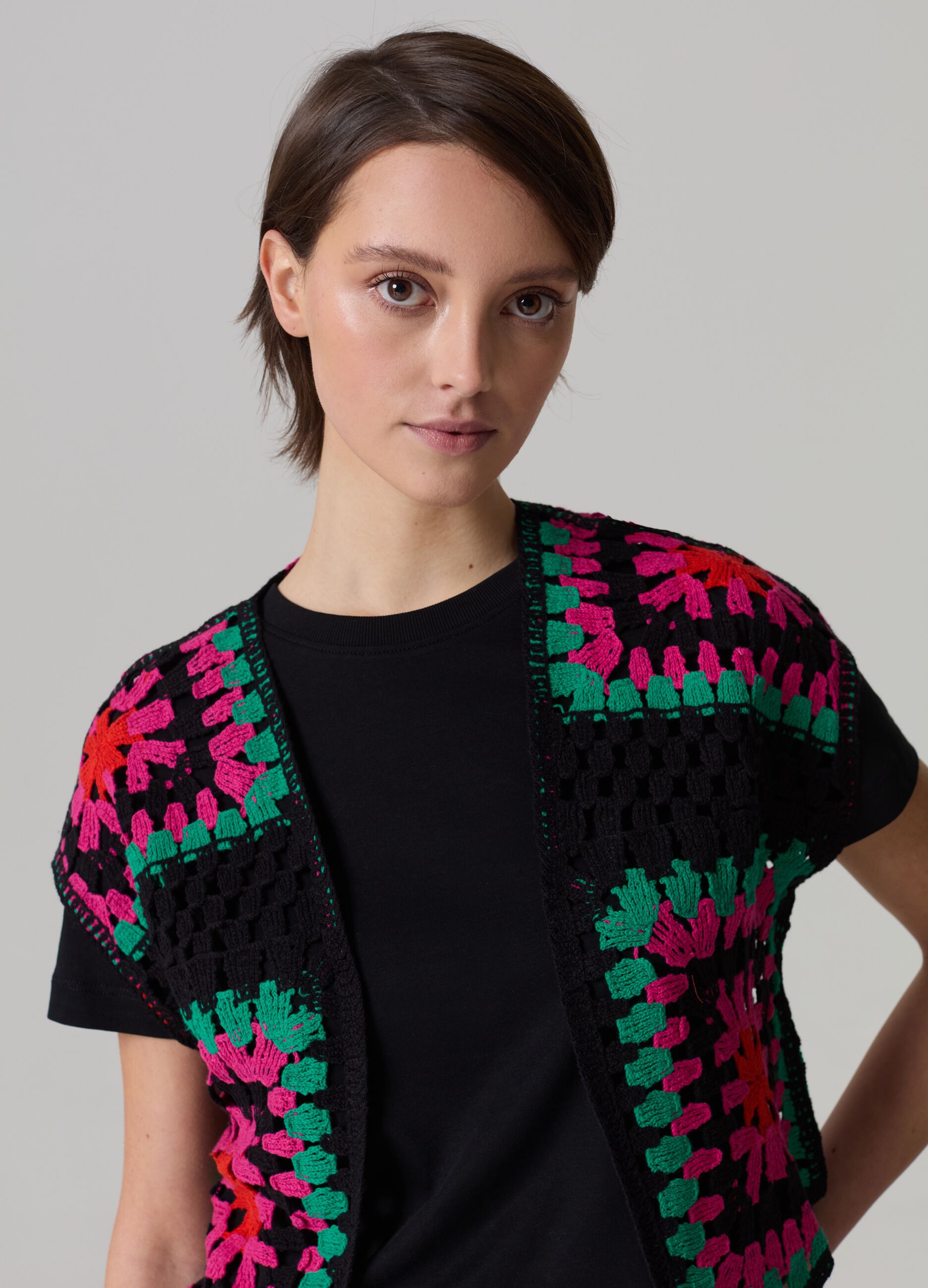 Open multicoloured crochet gilet