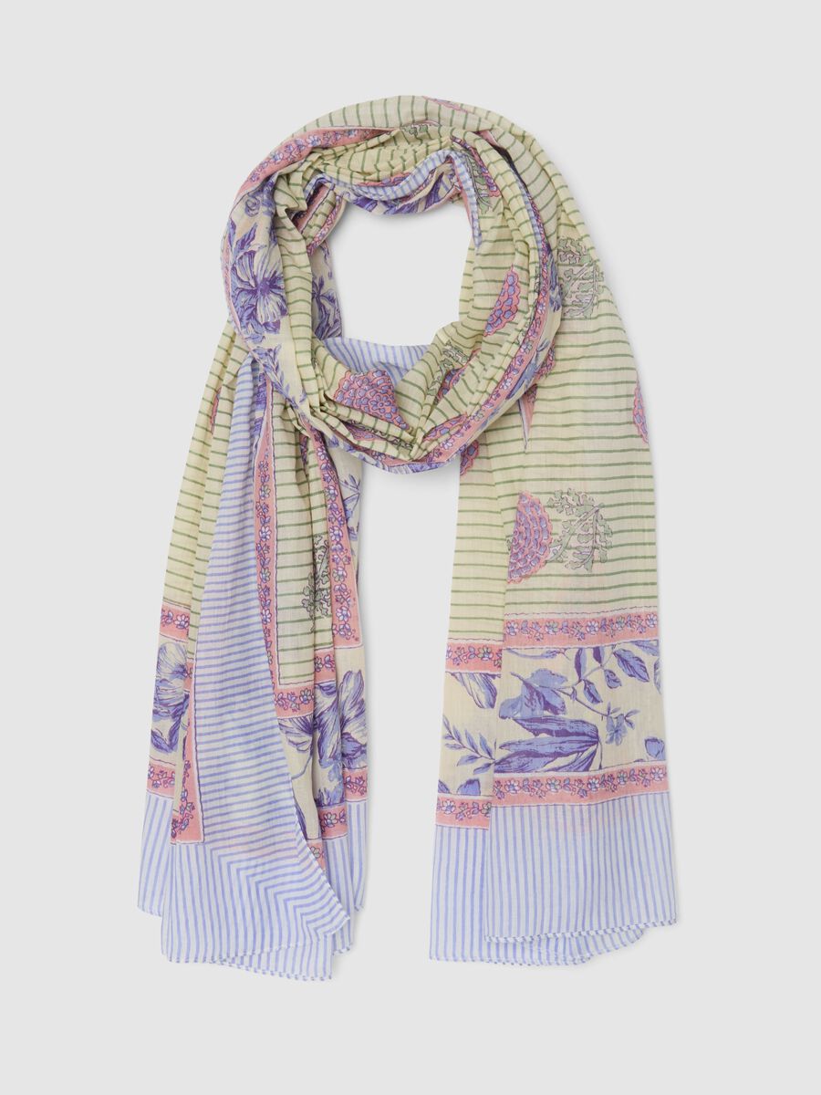 Sciarpa in puro cotone multicolor con motivo floreale_0