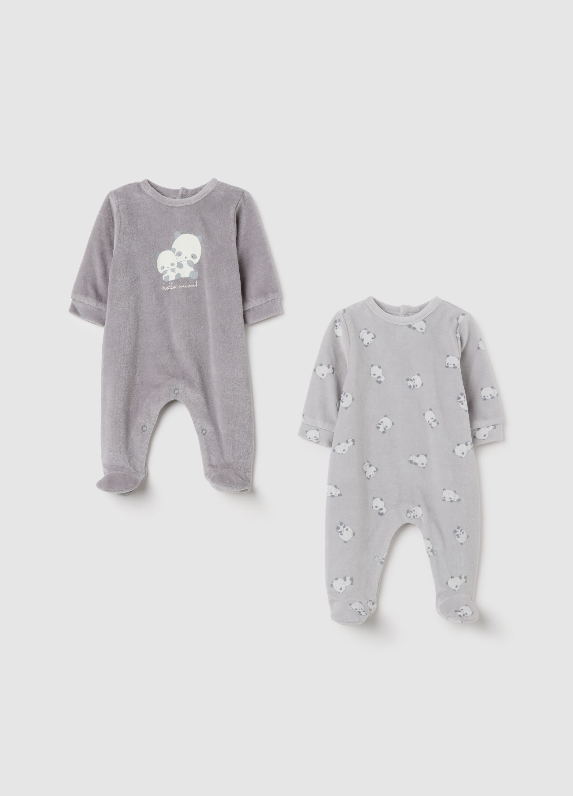 Two-pack unisex grey velour sleepsuits with snap closure