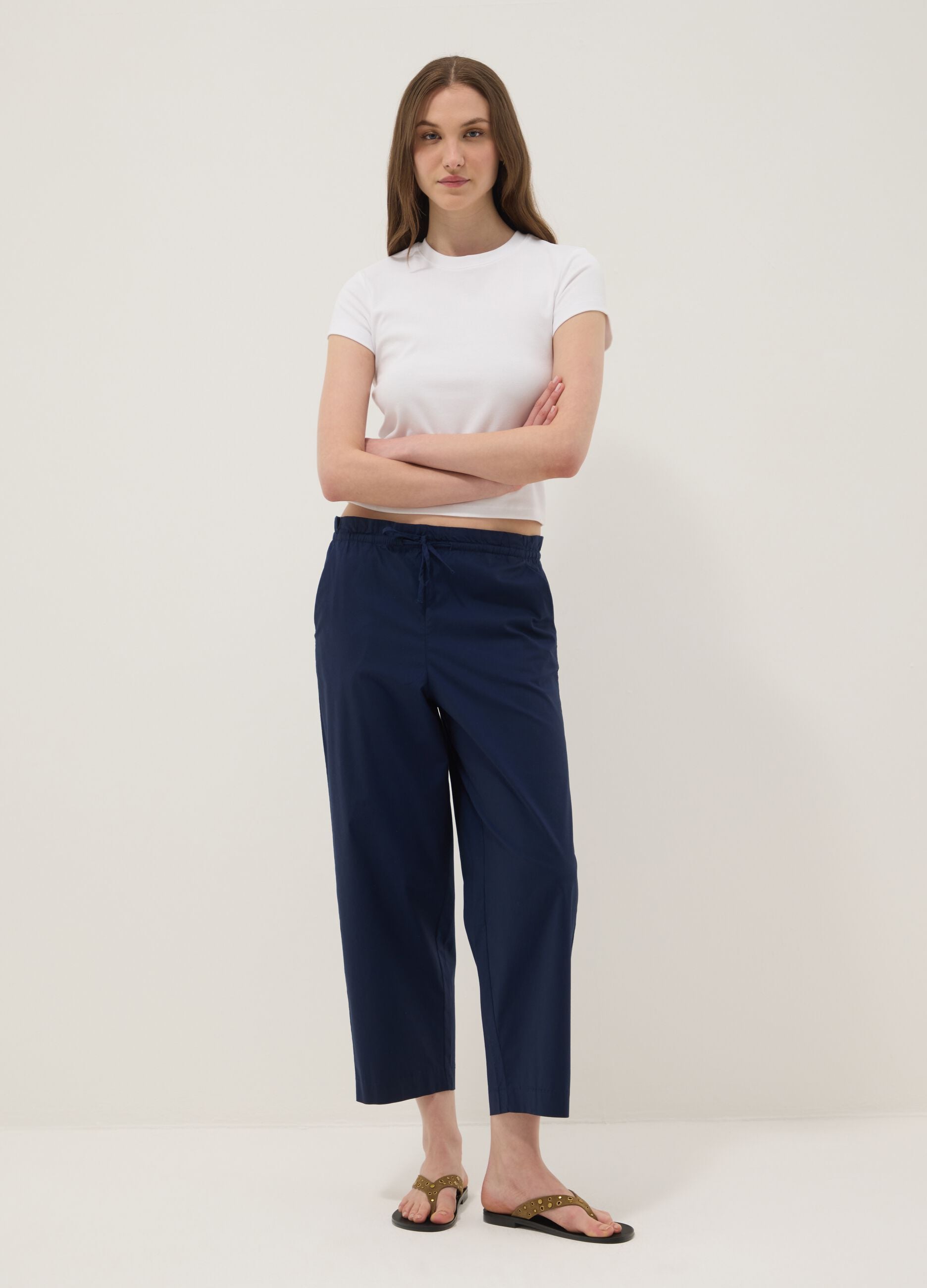 Blue stretch-cotton trousers with elasticated waist