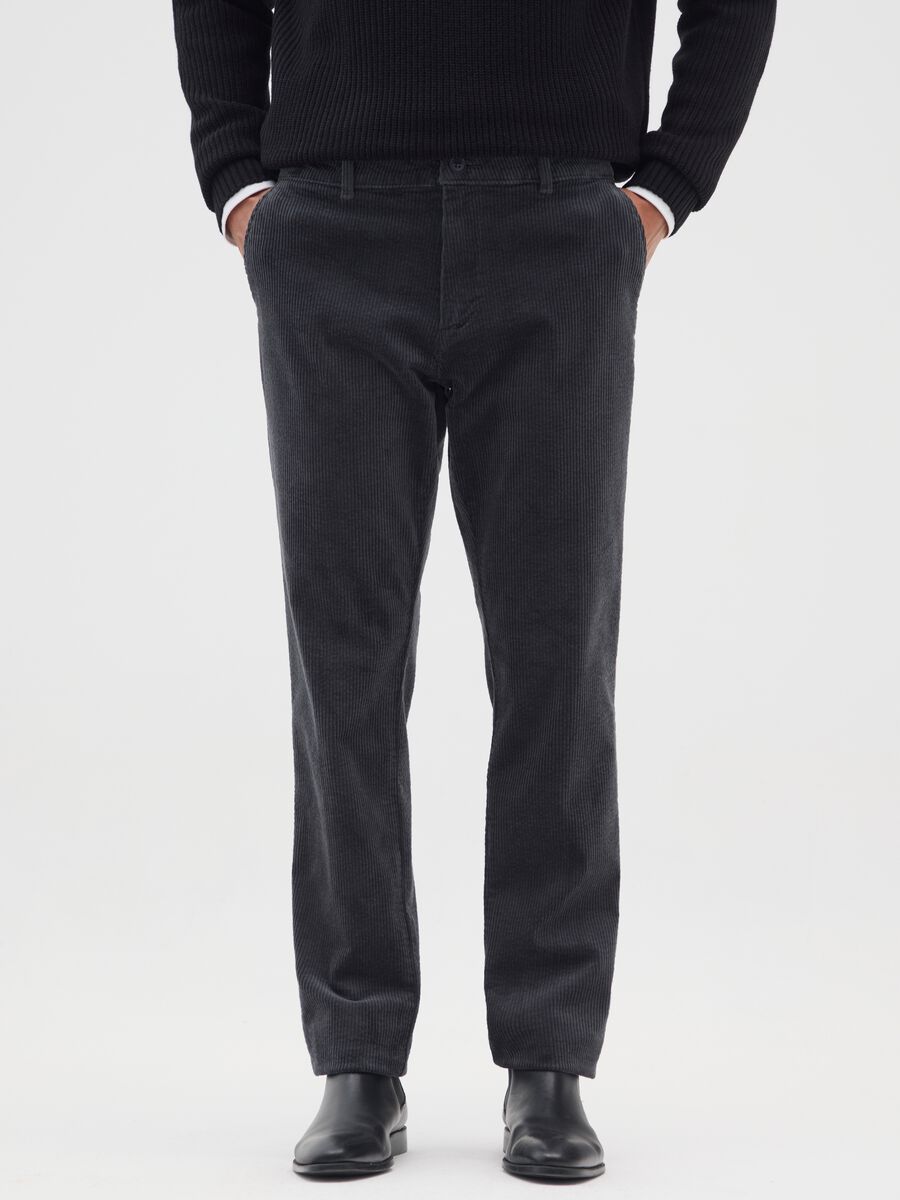 Black Stretch Cotton Regular Fit Cord Trousers_1