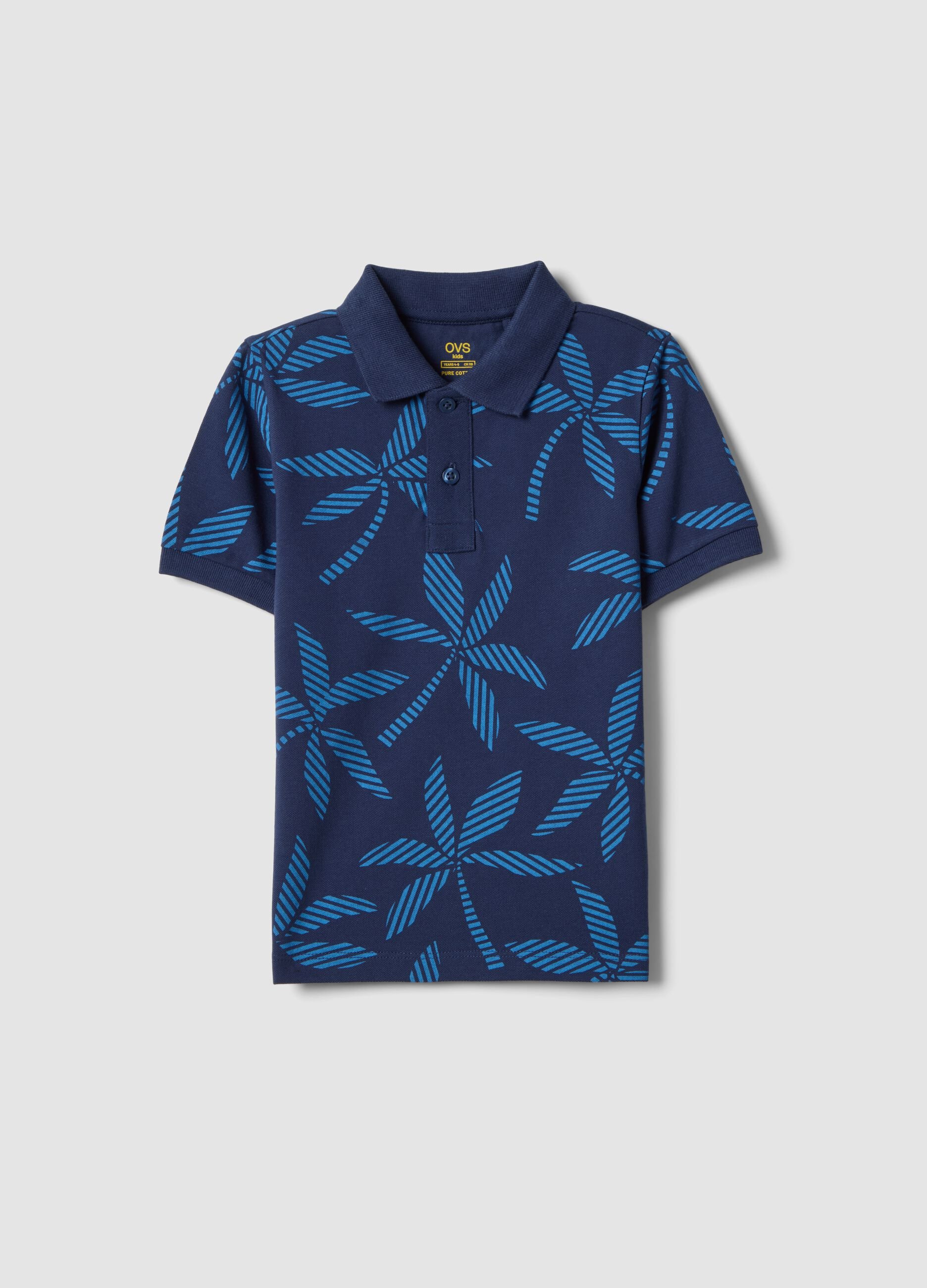 Boys&rsquo; blue pure cotton polo shirt, regular fit, with floral print