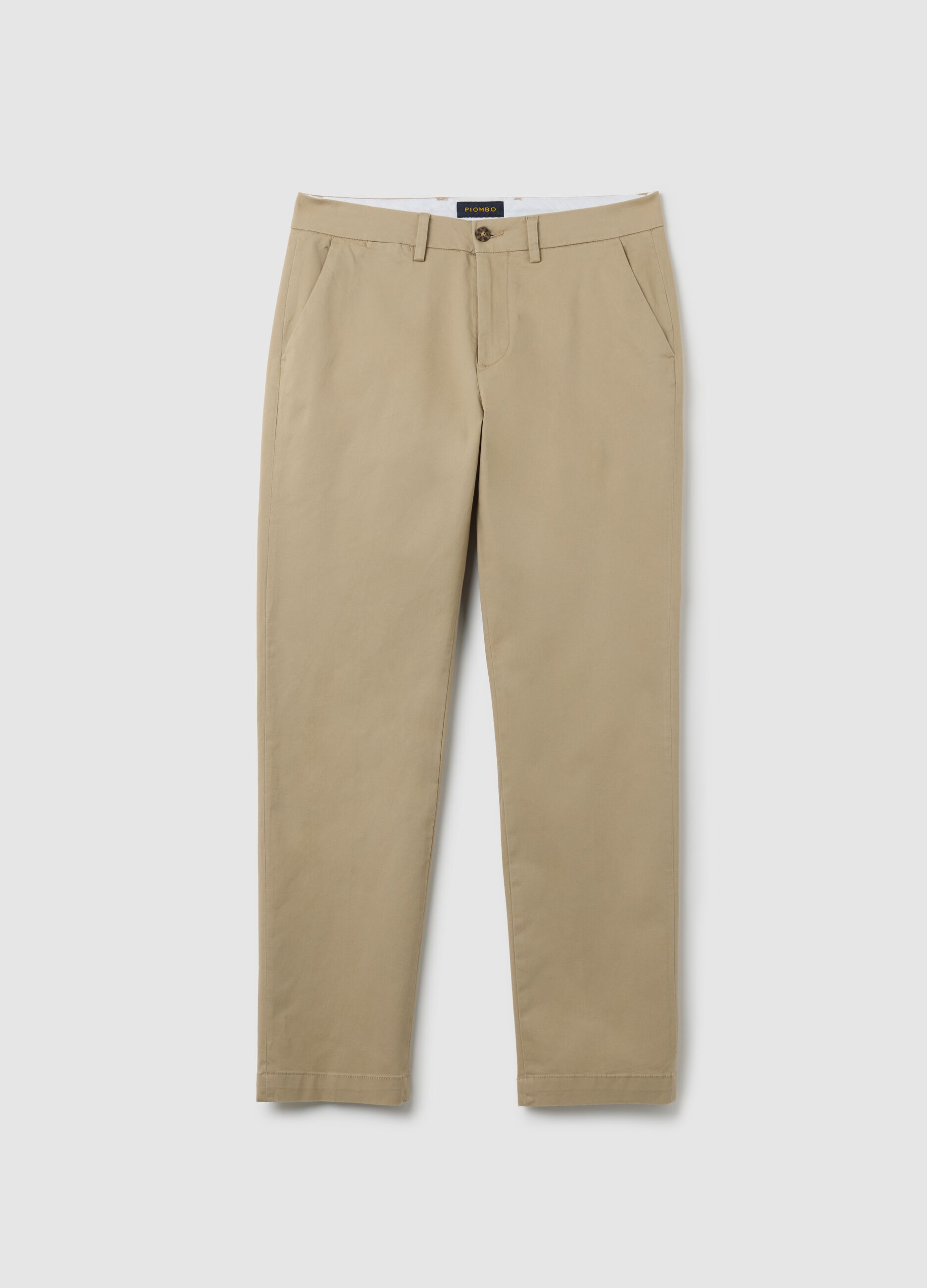 Beige Regular Fit Stretch Cotton Trousers