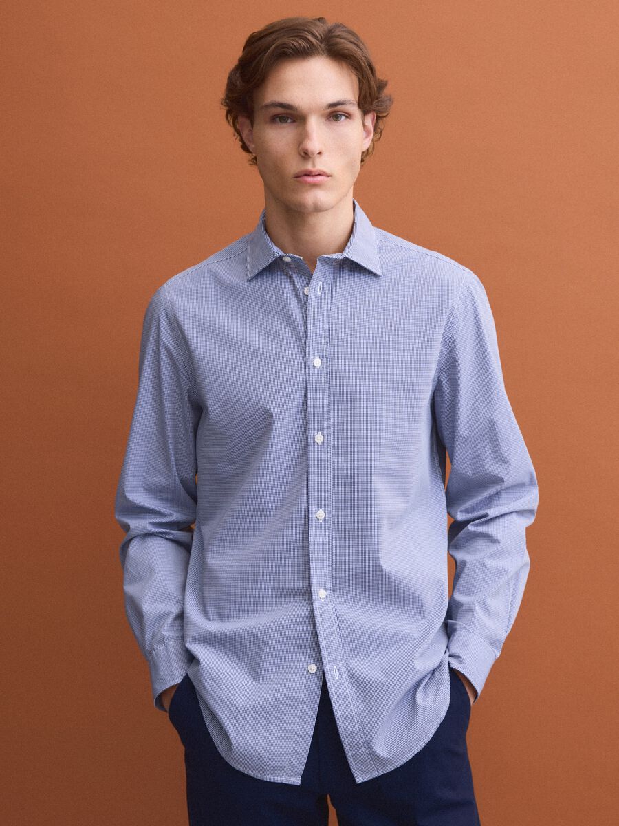 Camicia azzurra in popeline di puro cotone a quadri regular fit_2
