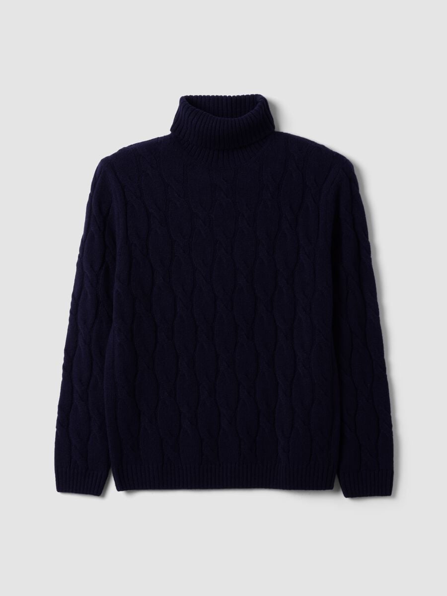 Maglia blu navy in misto lana a trecce con dolcevita regular fit_4
