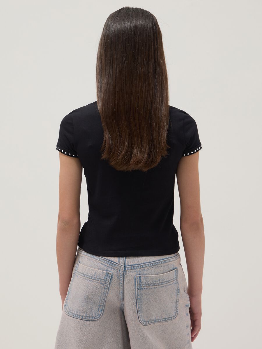 Black pure cotton slim-fit T-shirt with rhinestones for girls_1
