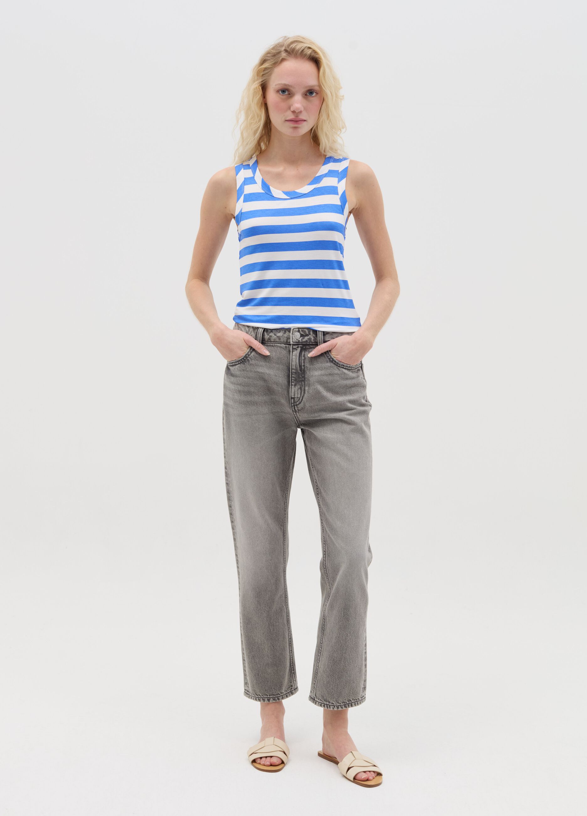 Blue and white striped tank top in stretch viscose