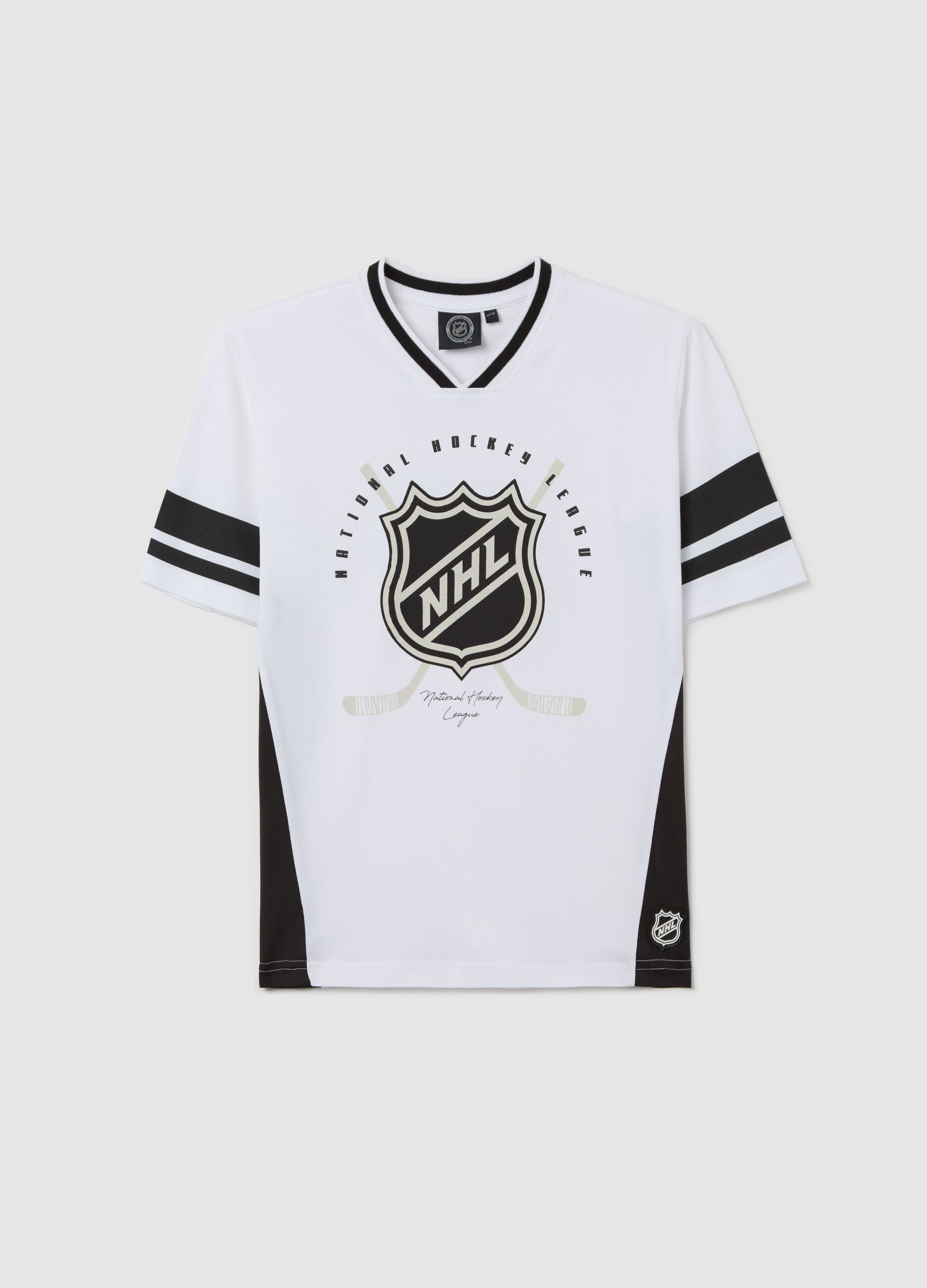 Black and white two-tone cotton T-shirt with NHL print
