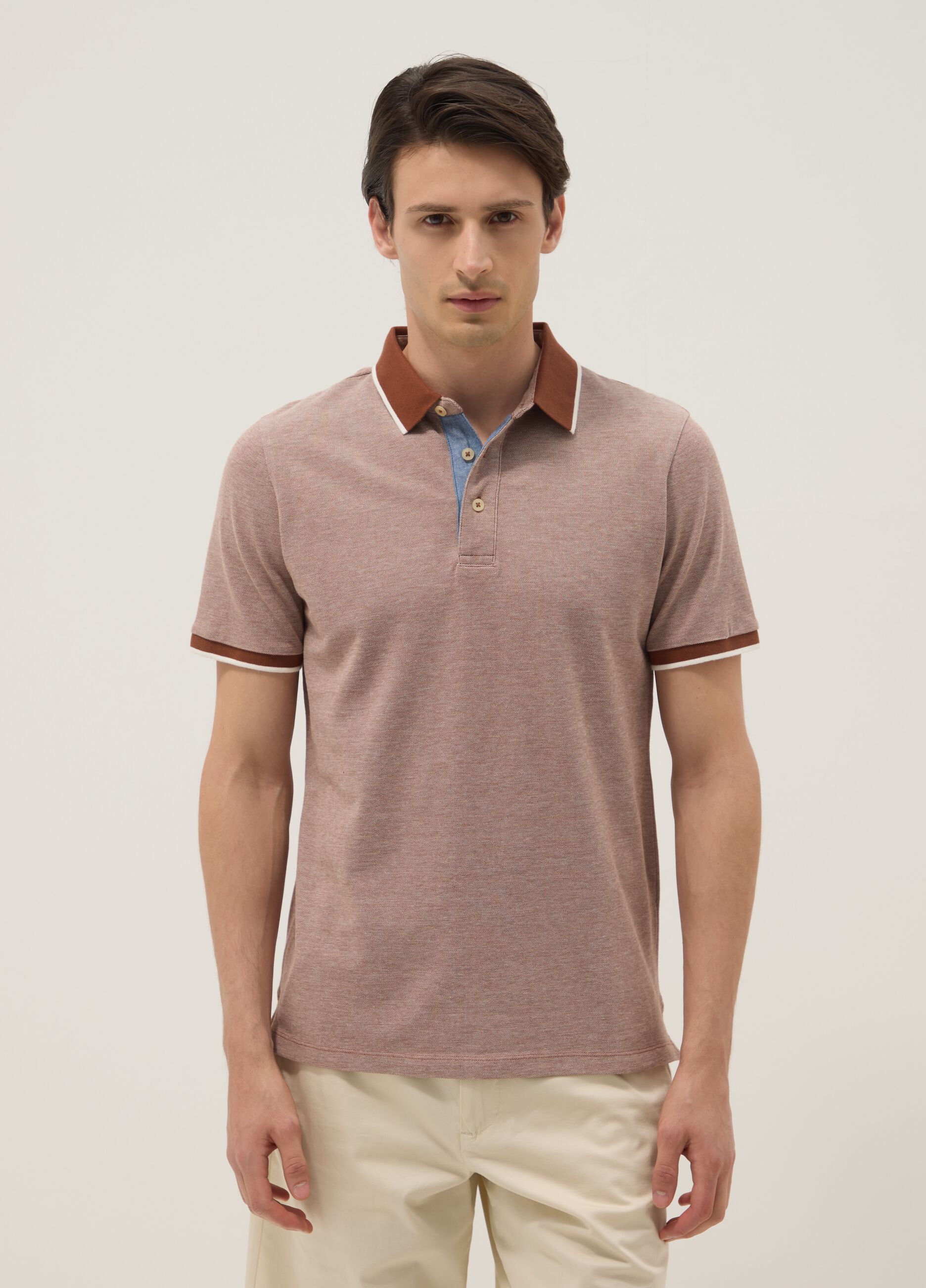 Brown pure cotton polo with classic collar