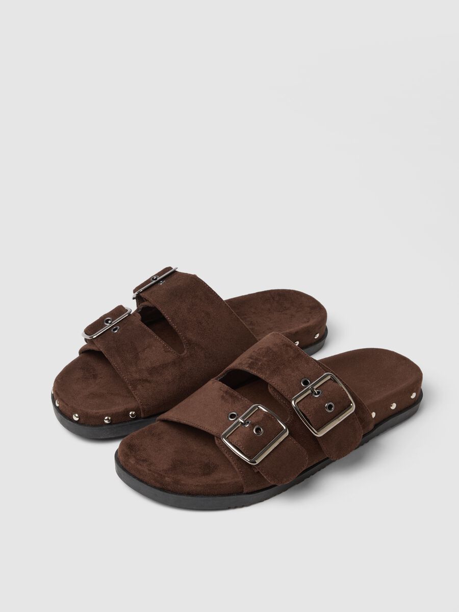 Brown genuine leather sandals with buckles and metallic details_1