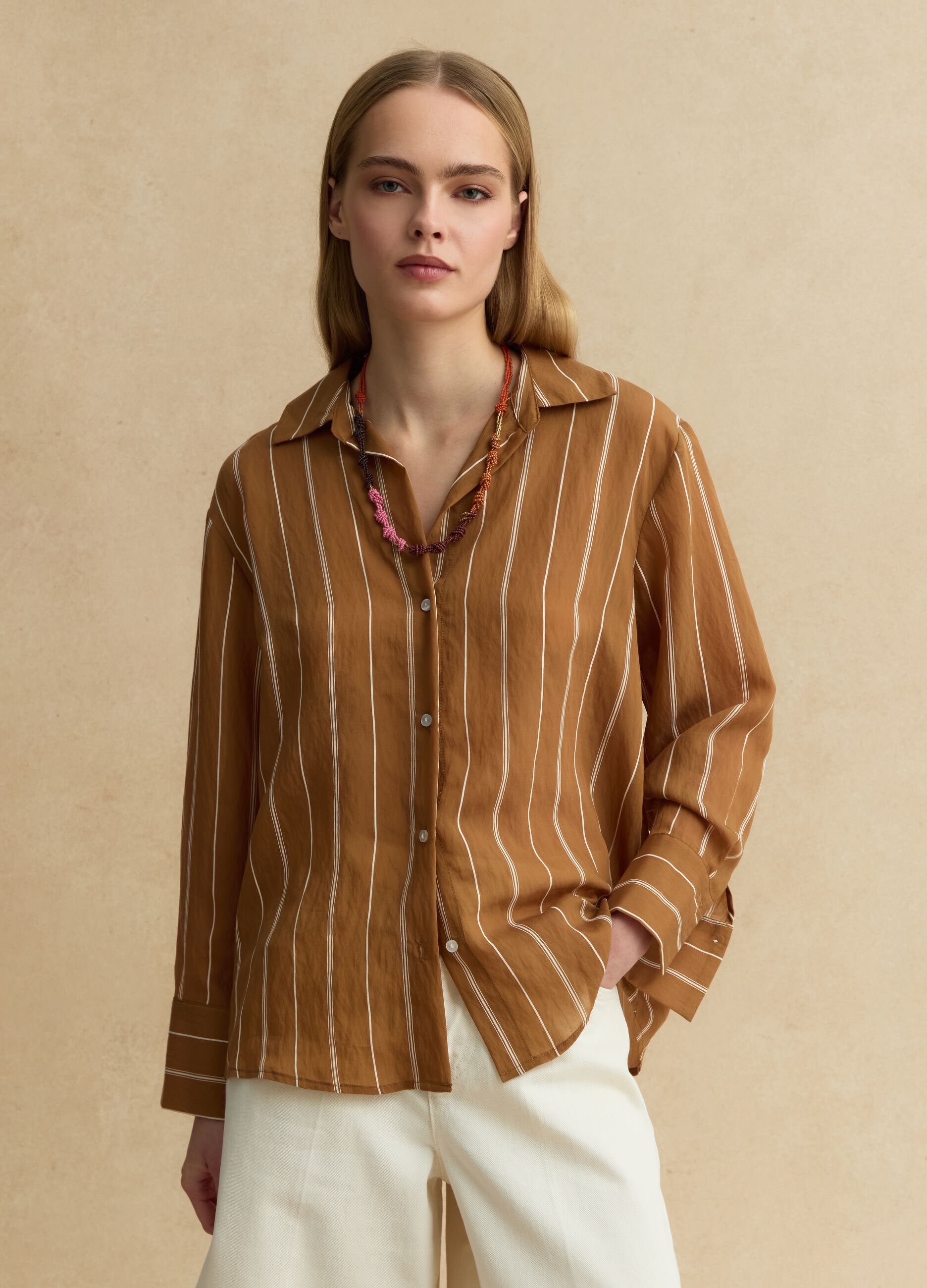 Multicoloured striped regular fit lyocell blend shirt