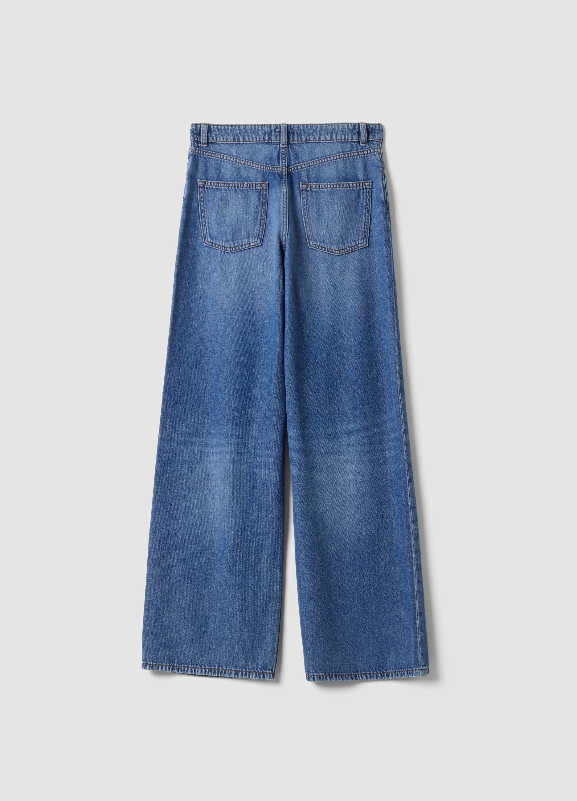 Jeans blu wide leg a vita alta in puro cotone