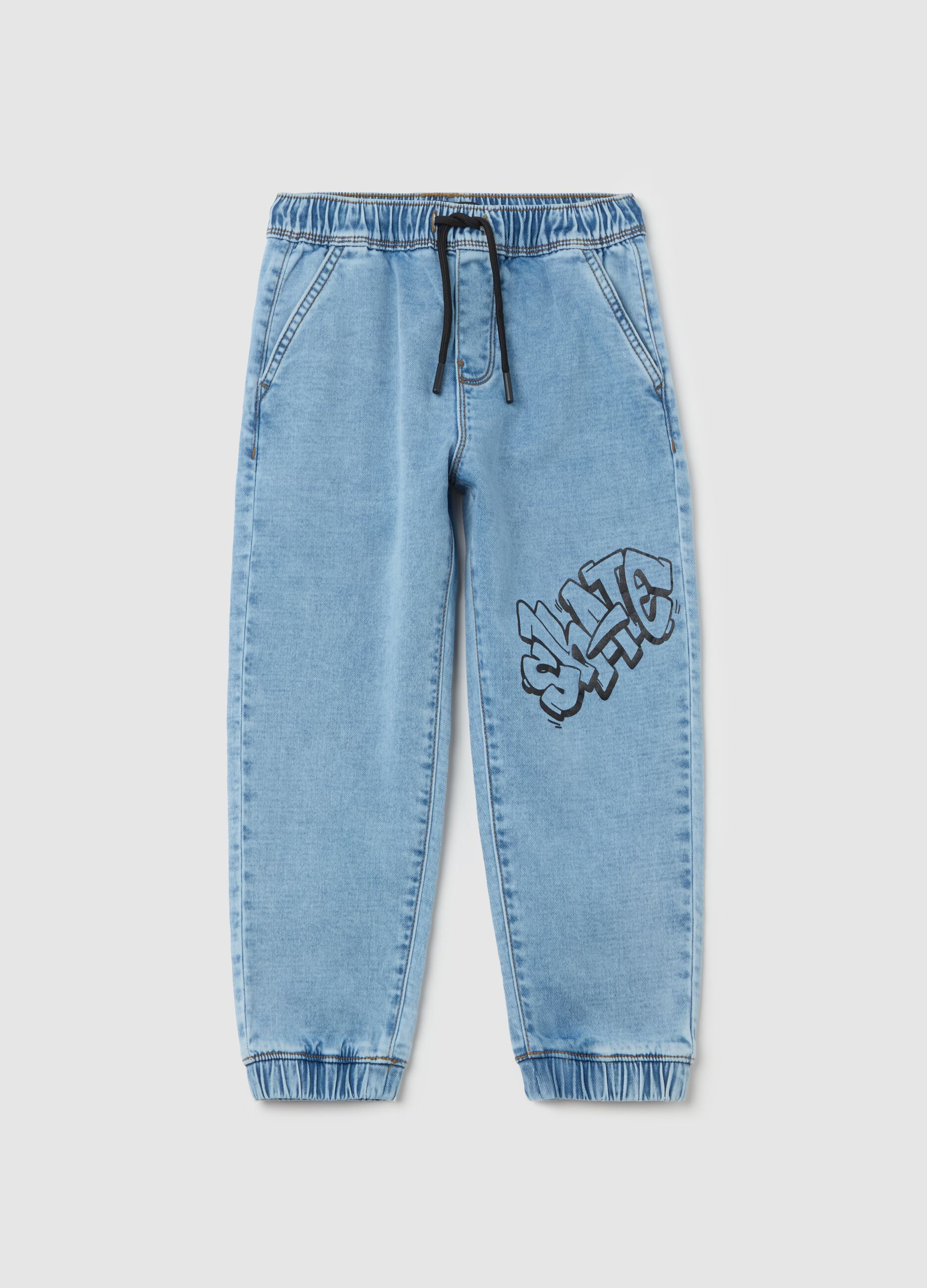 Denim joggers with drawstring and "Skate" print