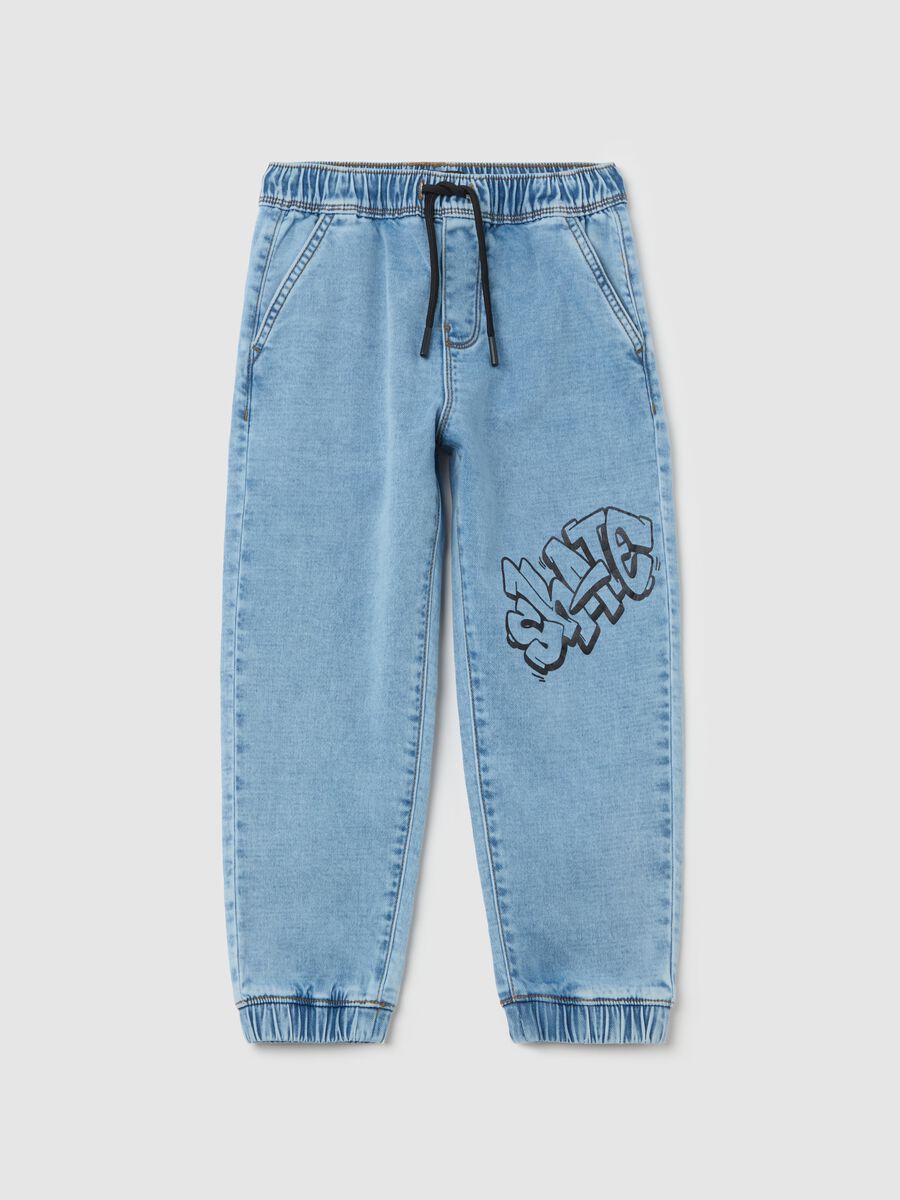 Denim joggers with drawstring and "Skate" print_0