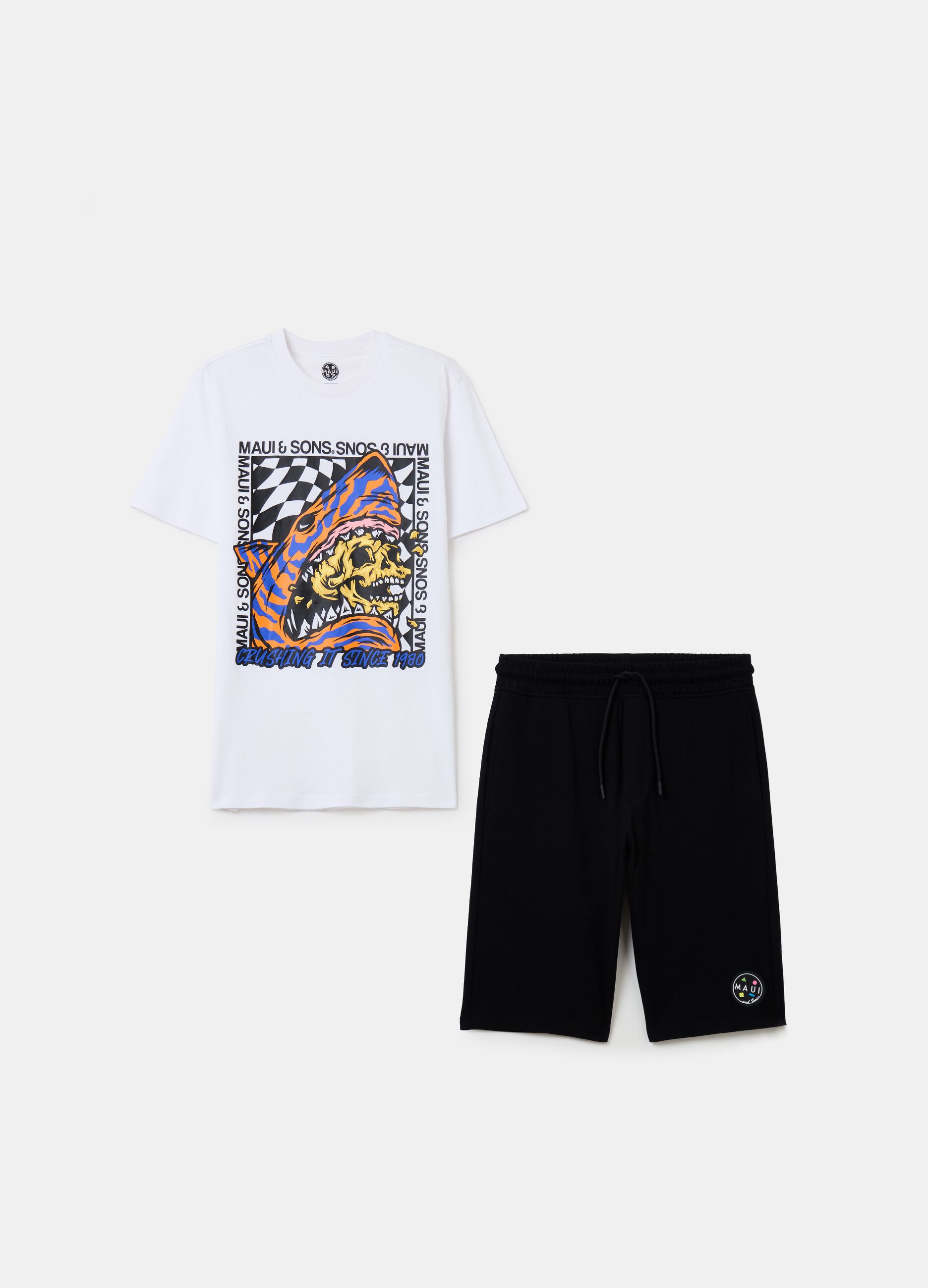 Jogging set stampa squalo con teschio e logo