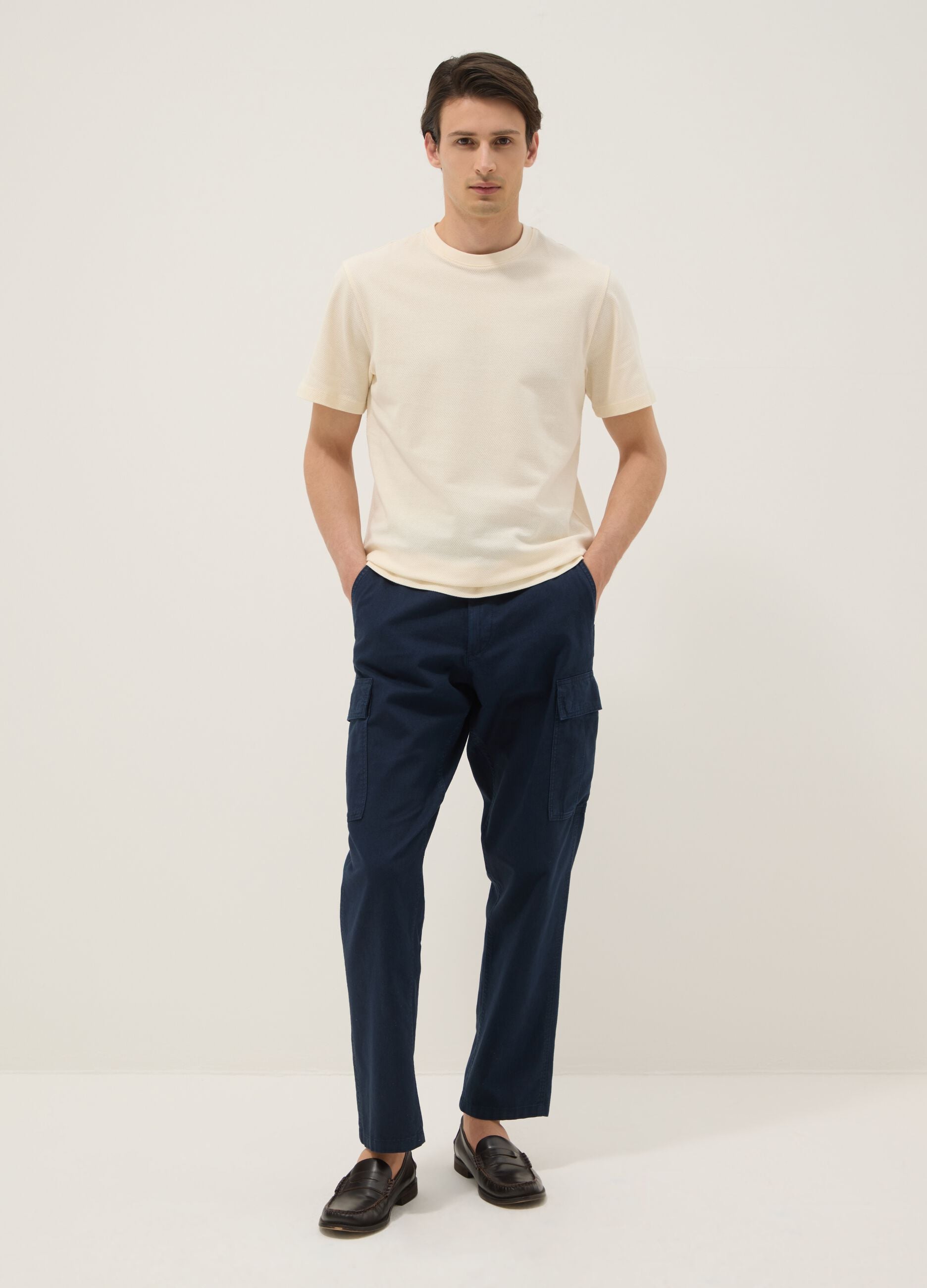 Blue regular-fit linen and cotton blend cargo trousers