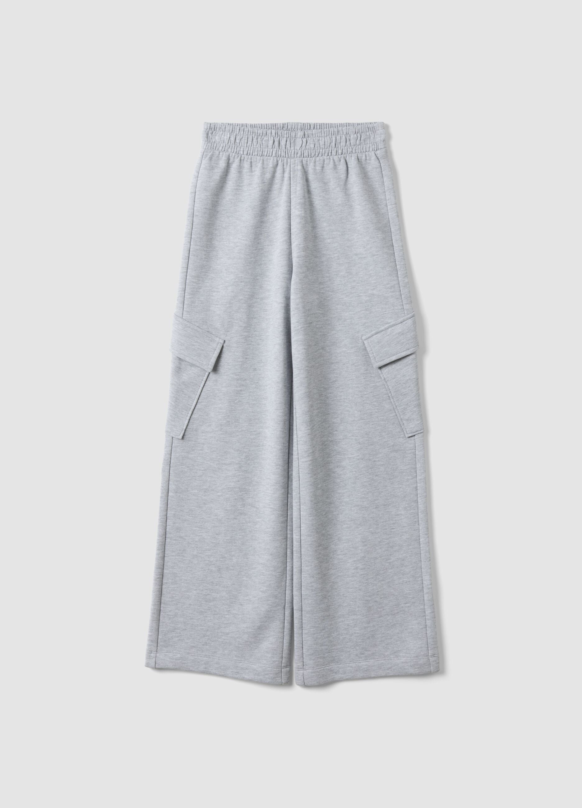 Grey pure cotton wide-leg trousers with cargo pockets