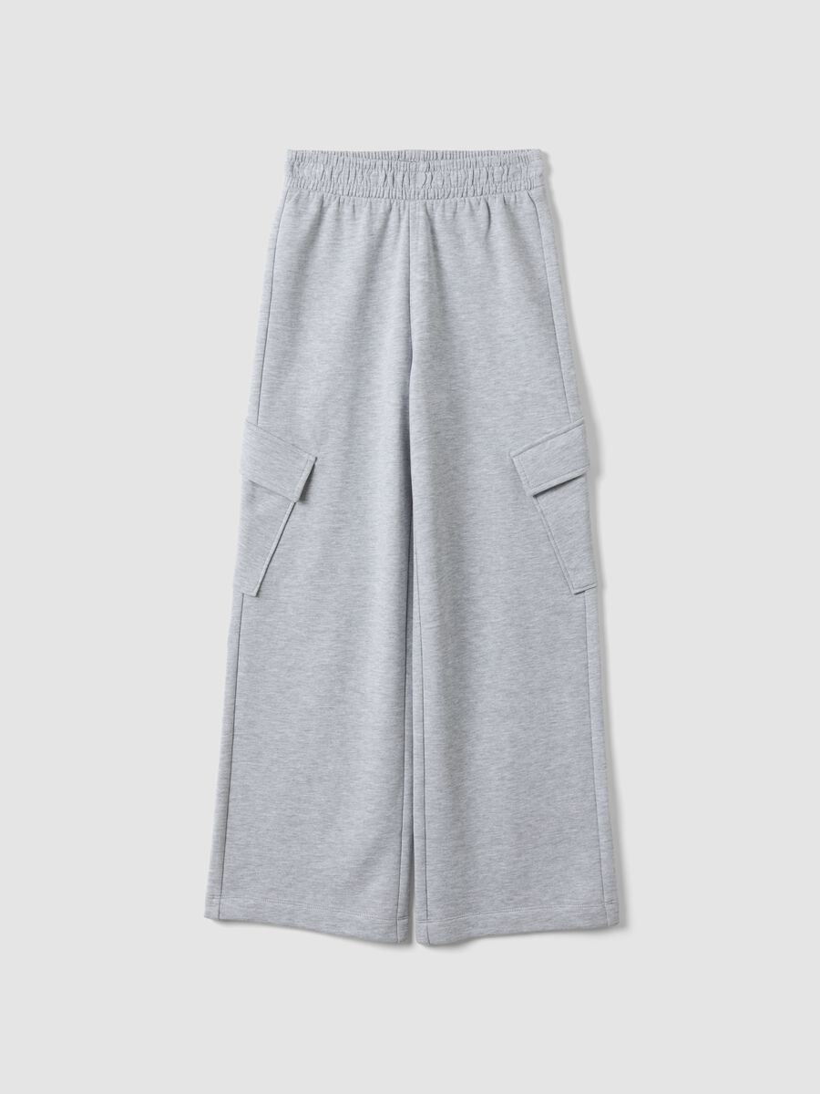 Pantaloni grigi in puro cotone wide leg con tasche cargo_0
