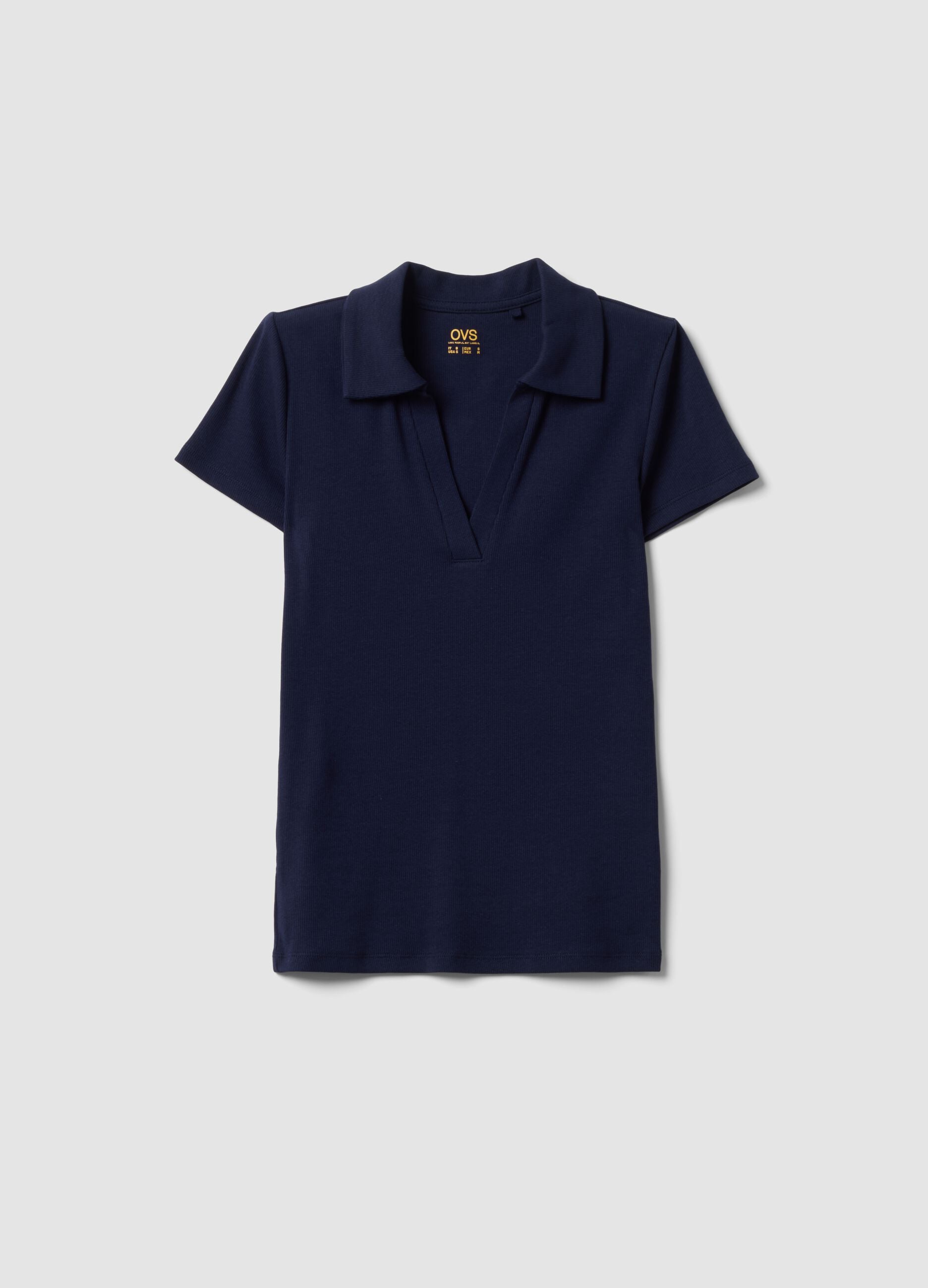 Blue stretch cotton polo shirt with open V-neck, regular fit