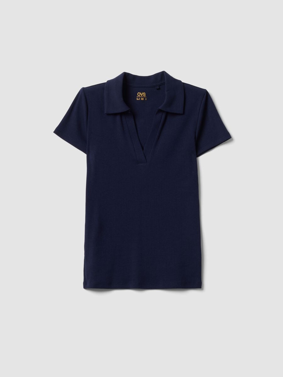 Polo blu in cotone elasticizzato con scollo a V aperto regular fit_4