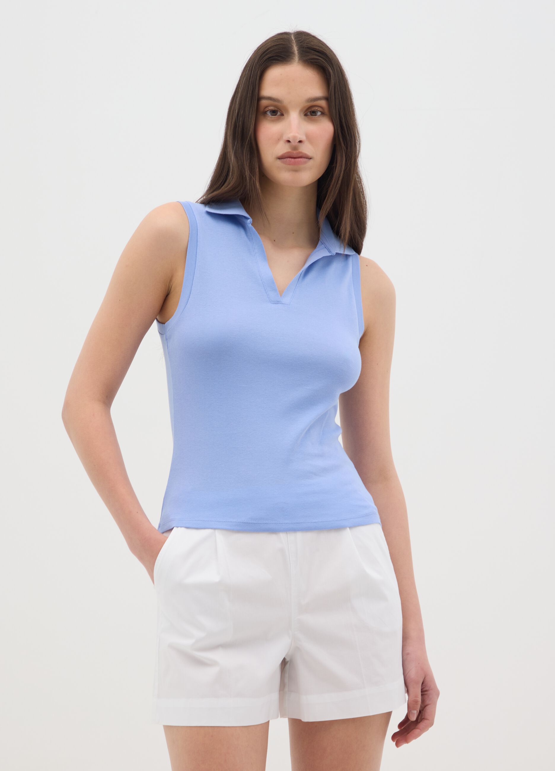 Women's Sleeveless Blue Cotton Top Slim Fit