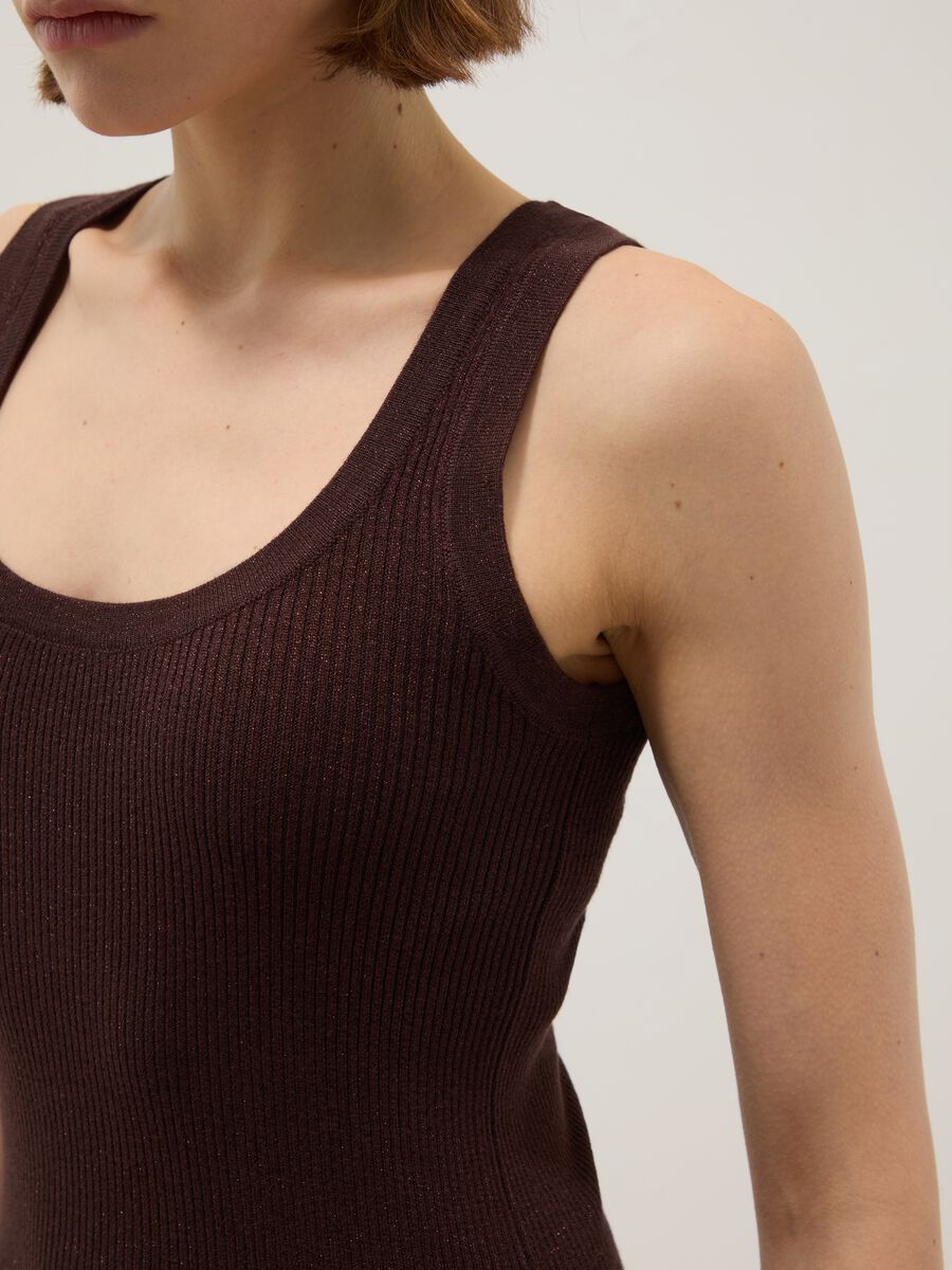 Brown viscose blend fitted tank top_3