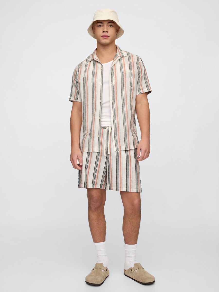 Multicolour Striped Cotton and Linen Blend Shorts_0