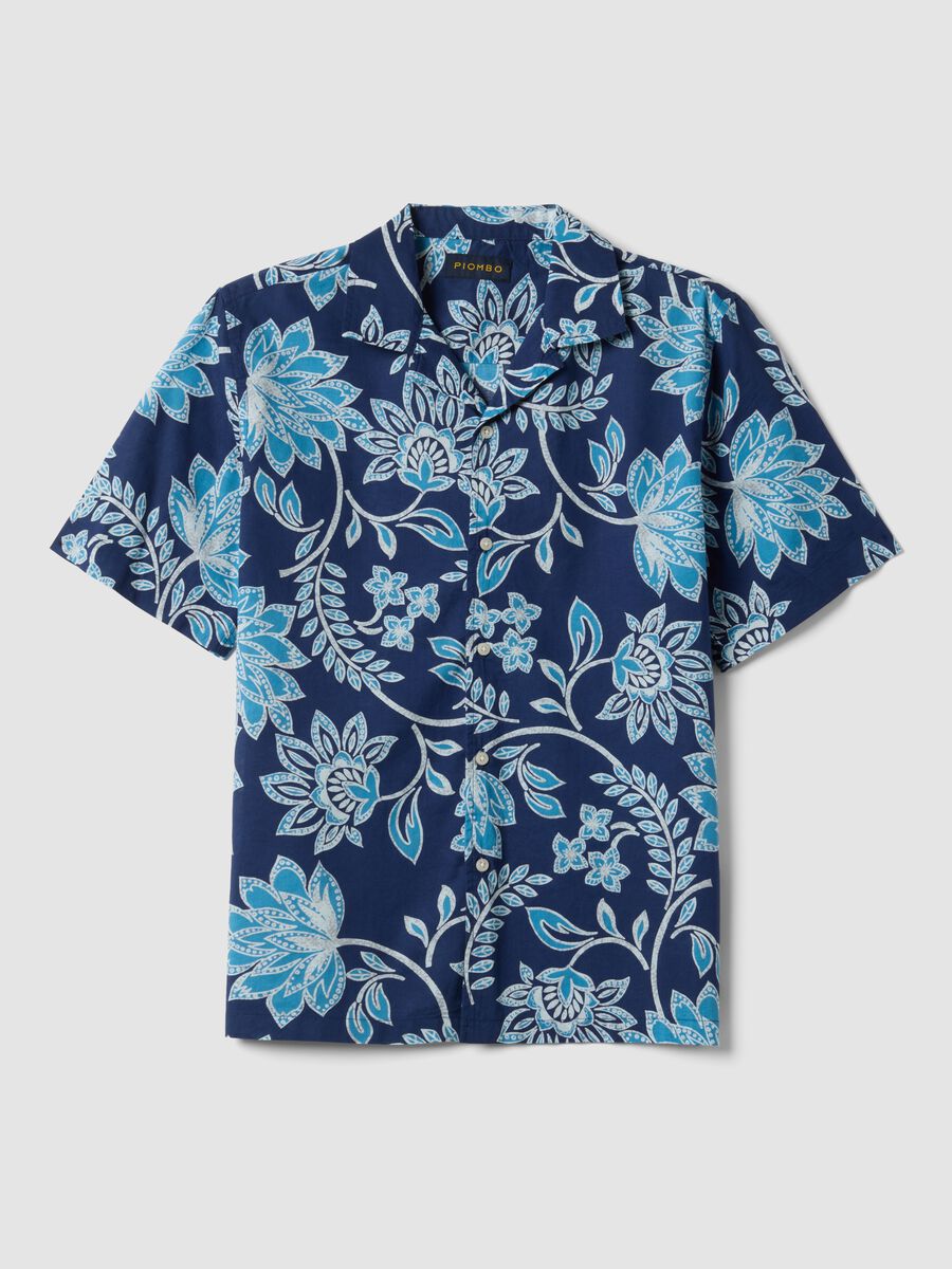 Camicia blu in cotone organico a maniche corte con stampa floreale_0