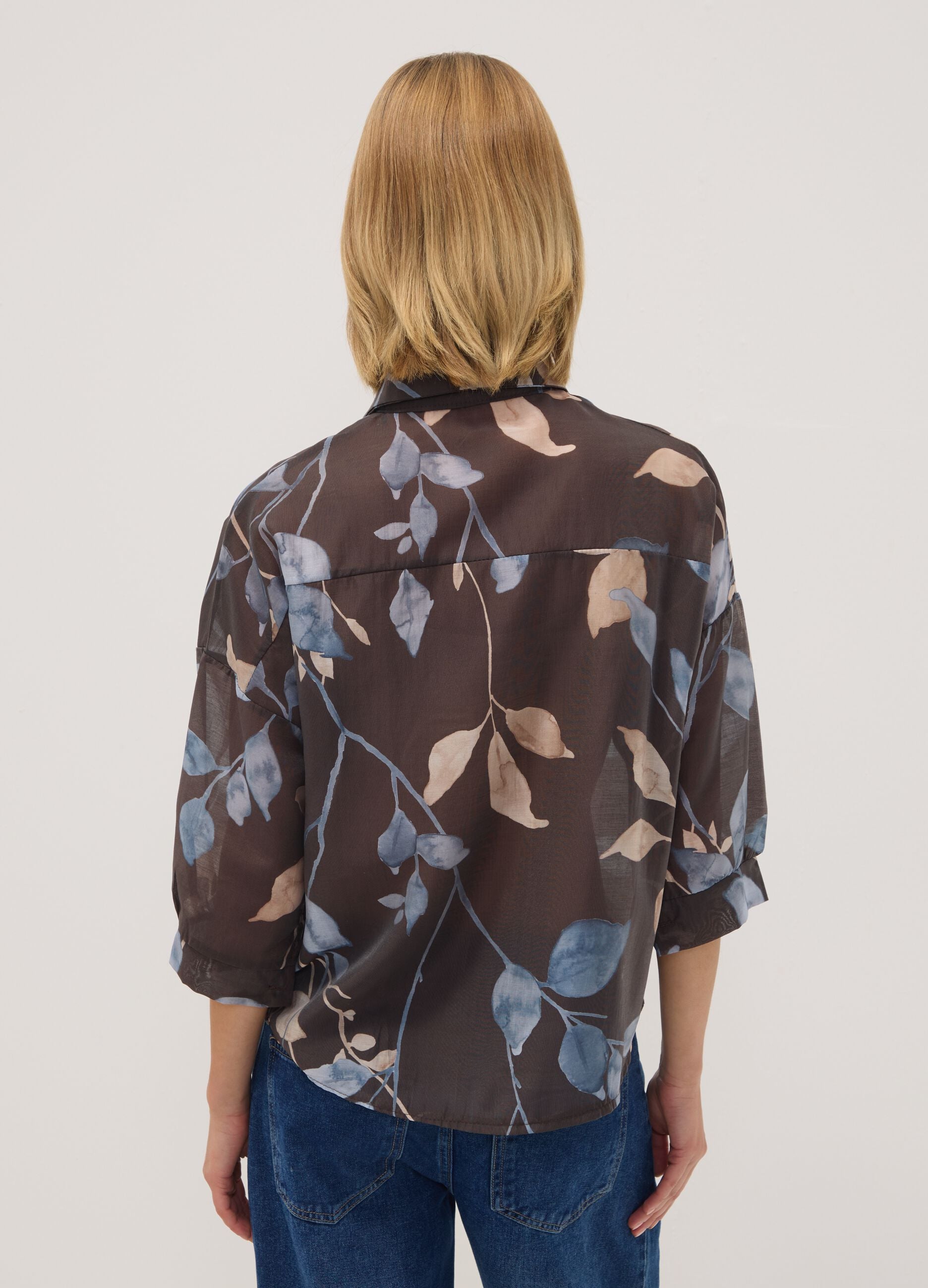 Brown lyocell-blend regular-fit shirt with foliage print