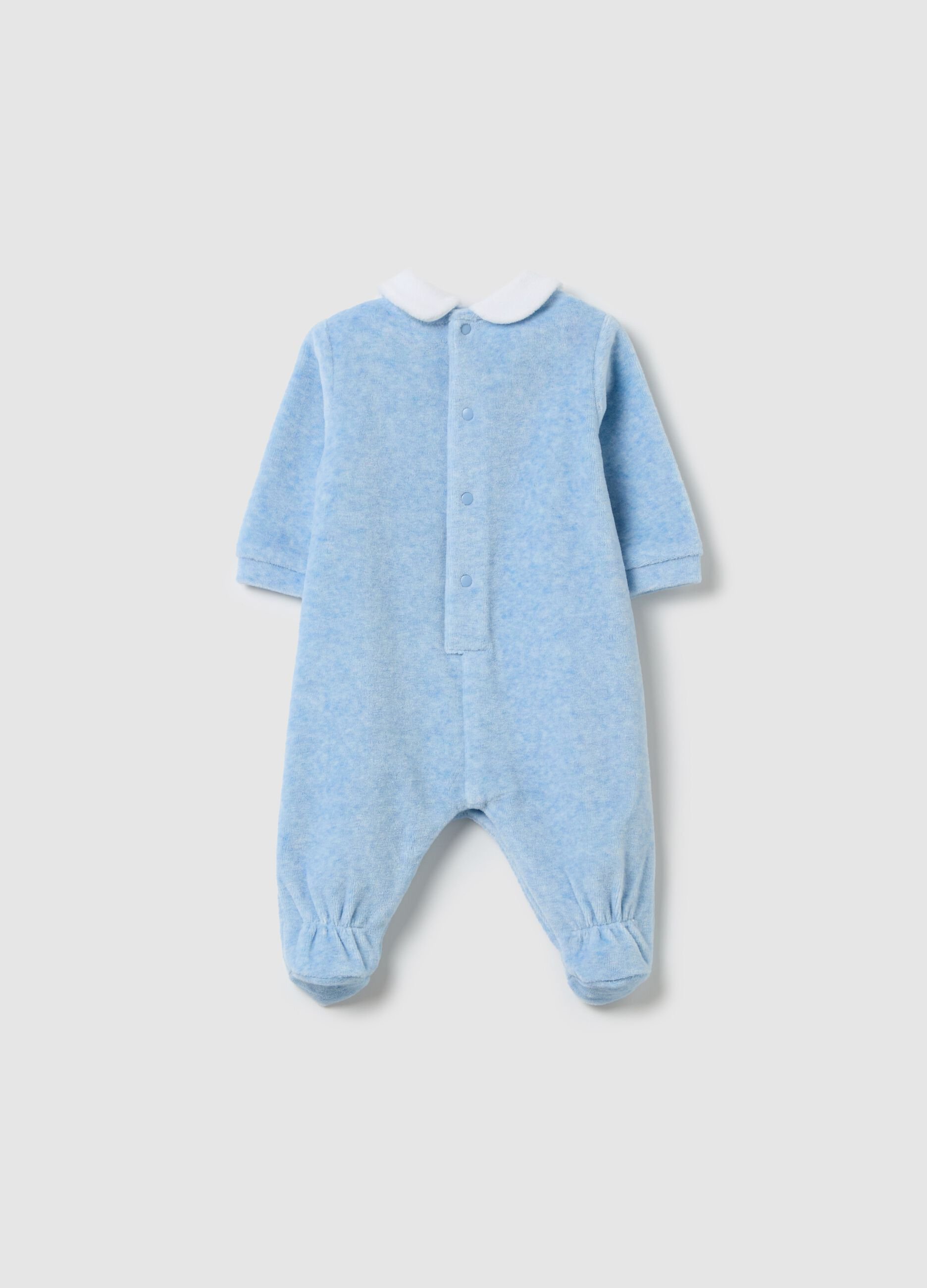 Velour onesie with feet and animals embroidery
