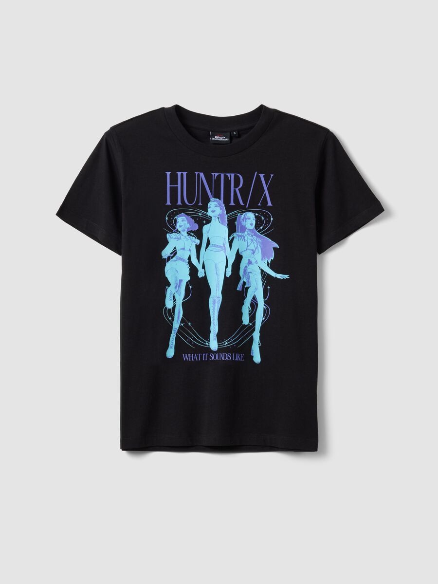 Black pure cotton T-shirt with K-Pop Demon Hunters print, oversized fit_0