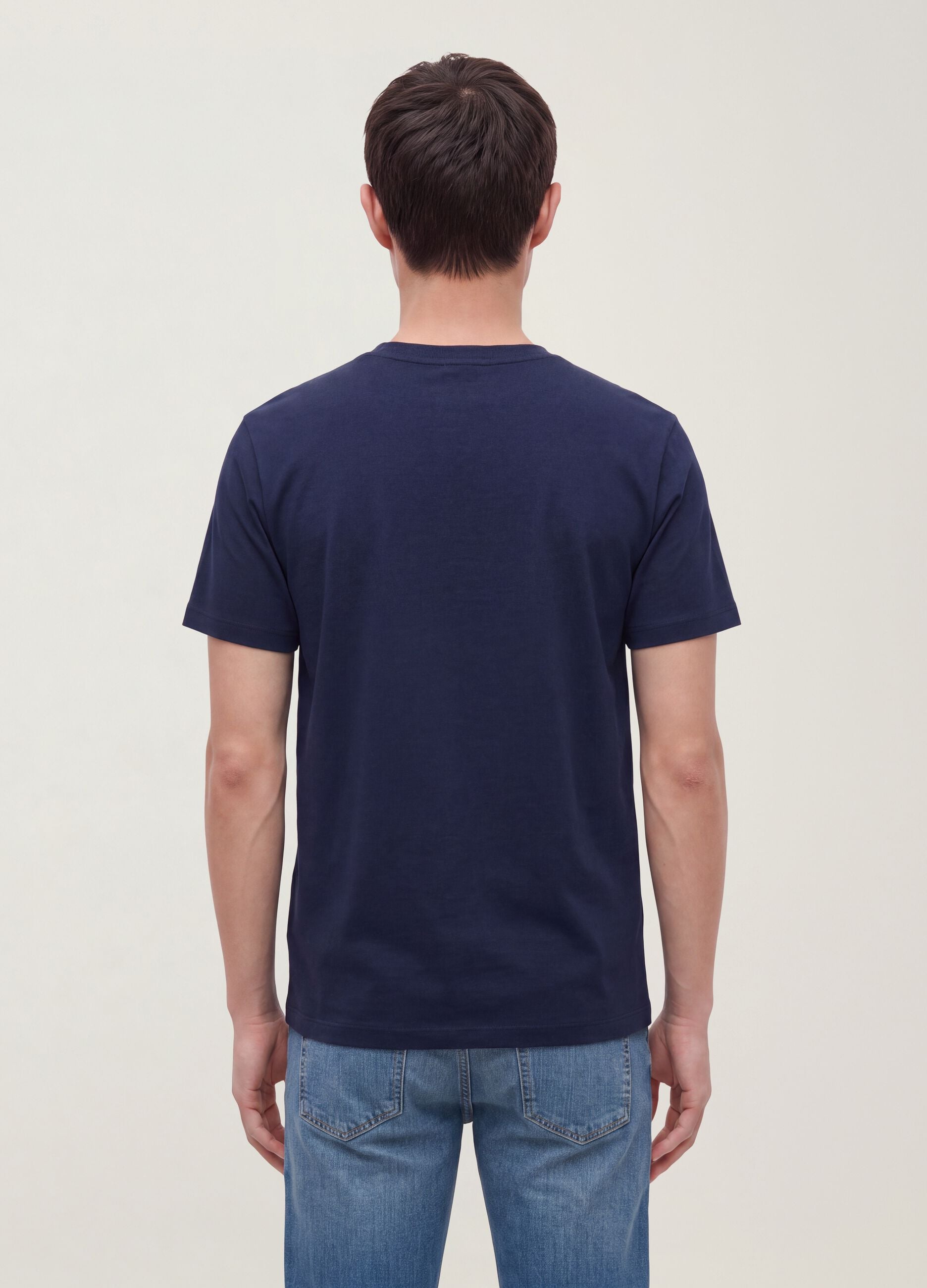 Blue mercerised pure cotton crew-neck T-shirt, regular fit