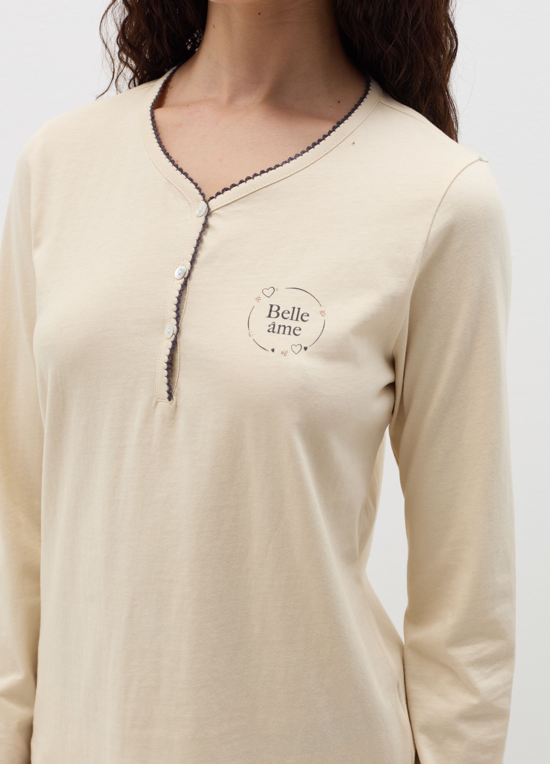 Pyjama top with granddad neckline and "Belle Âme” print