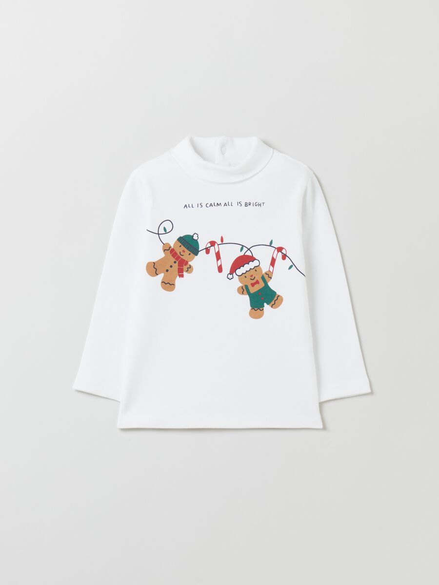T-shirt a collo alto con stampa natalizia_0
