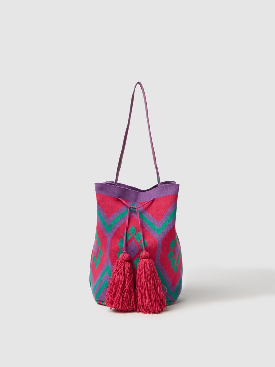 Shoulder bag with geometric motif and tassels_0