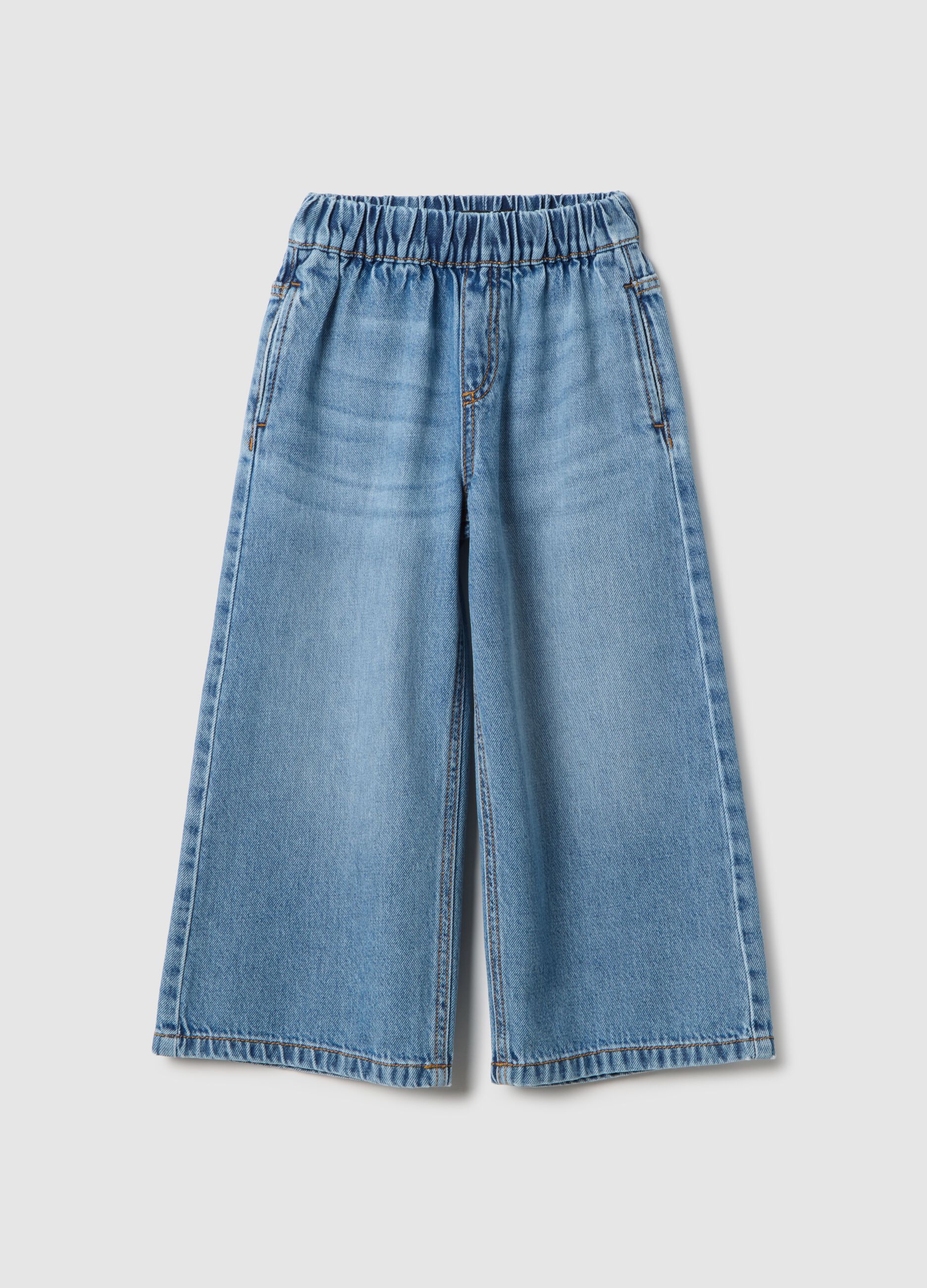 Girls' wide-leg blue pure cotton jeans
