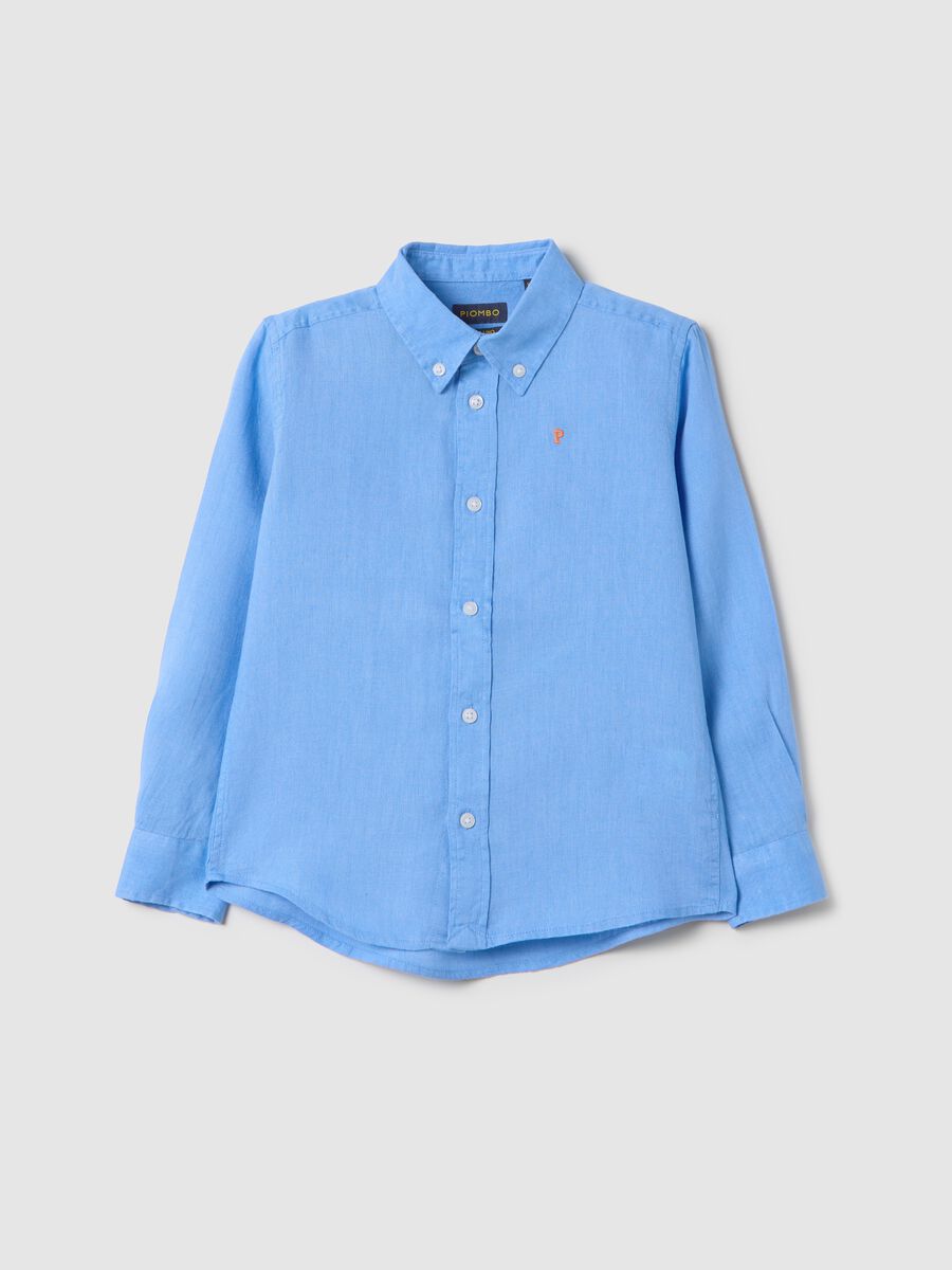 Sky blue linen shirt with logo embroidery_3