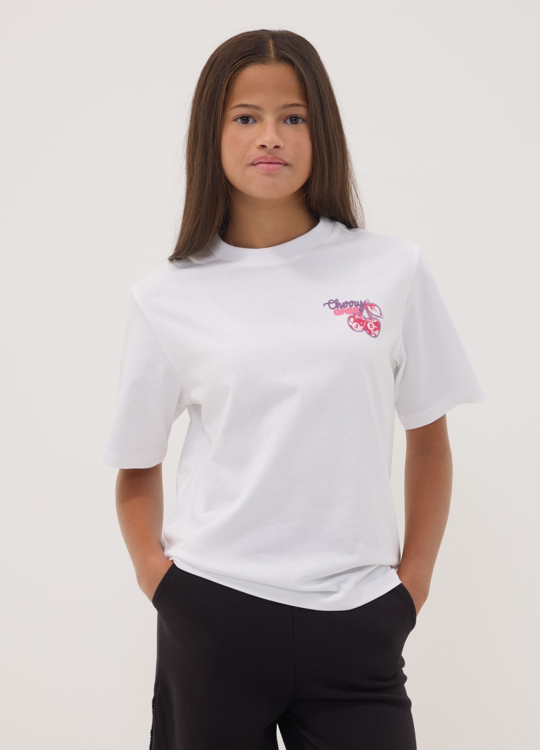 White pure cotton T-shirt with ribbed neckline and cherry print
